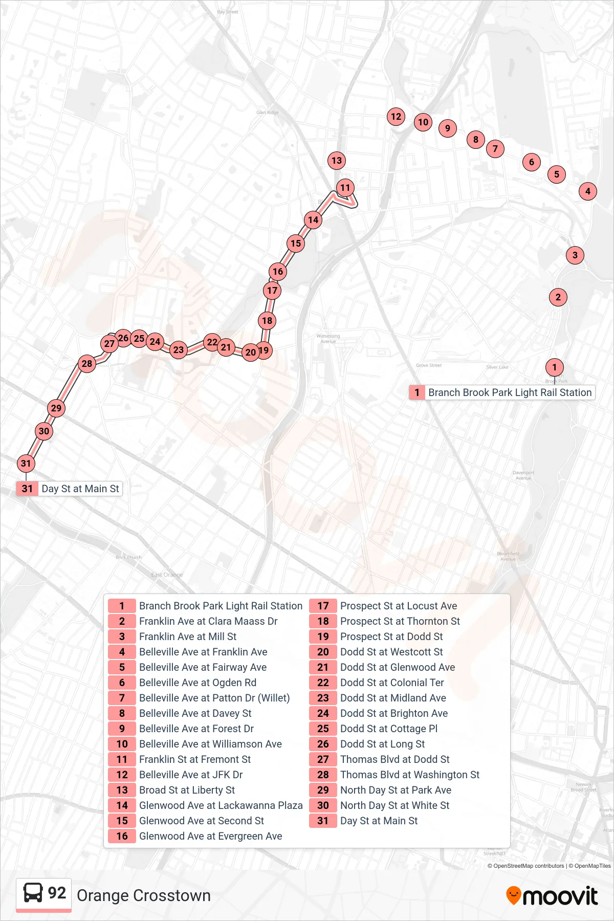 92 bus Line (Orange Main St) route and stops on a map