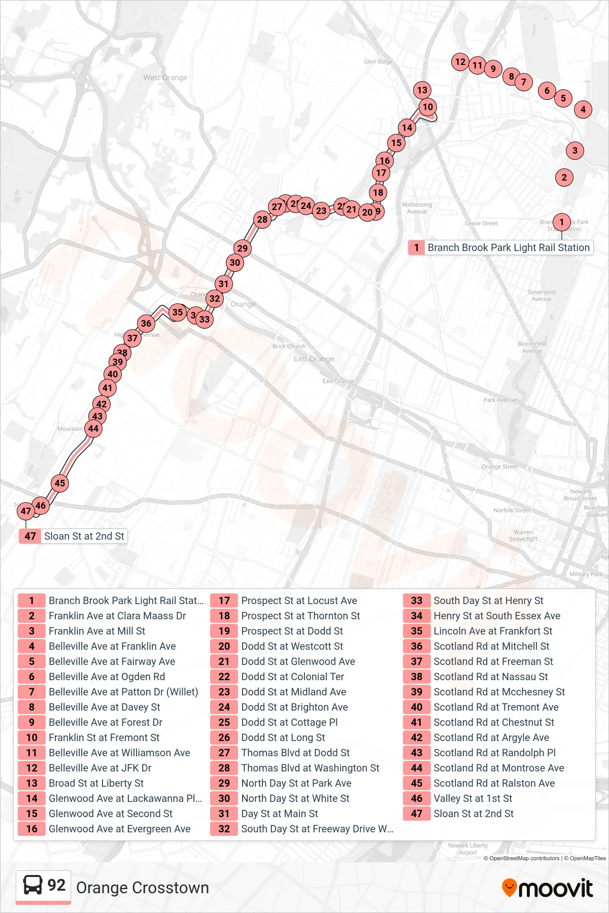 92 bus Line (South Orange) route and stops on a map