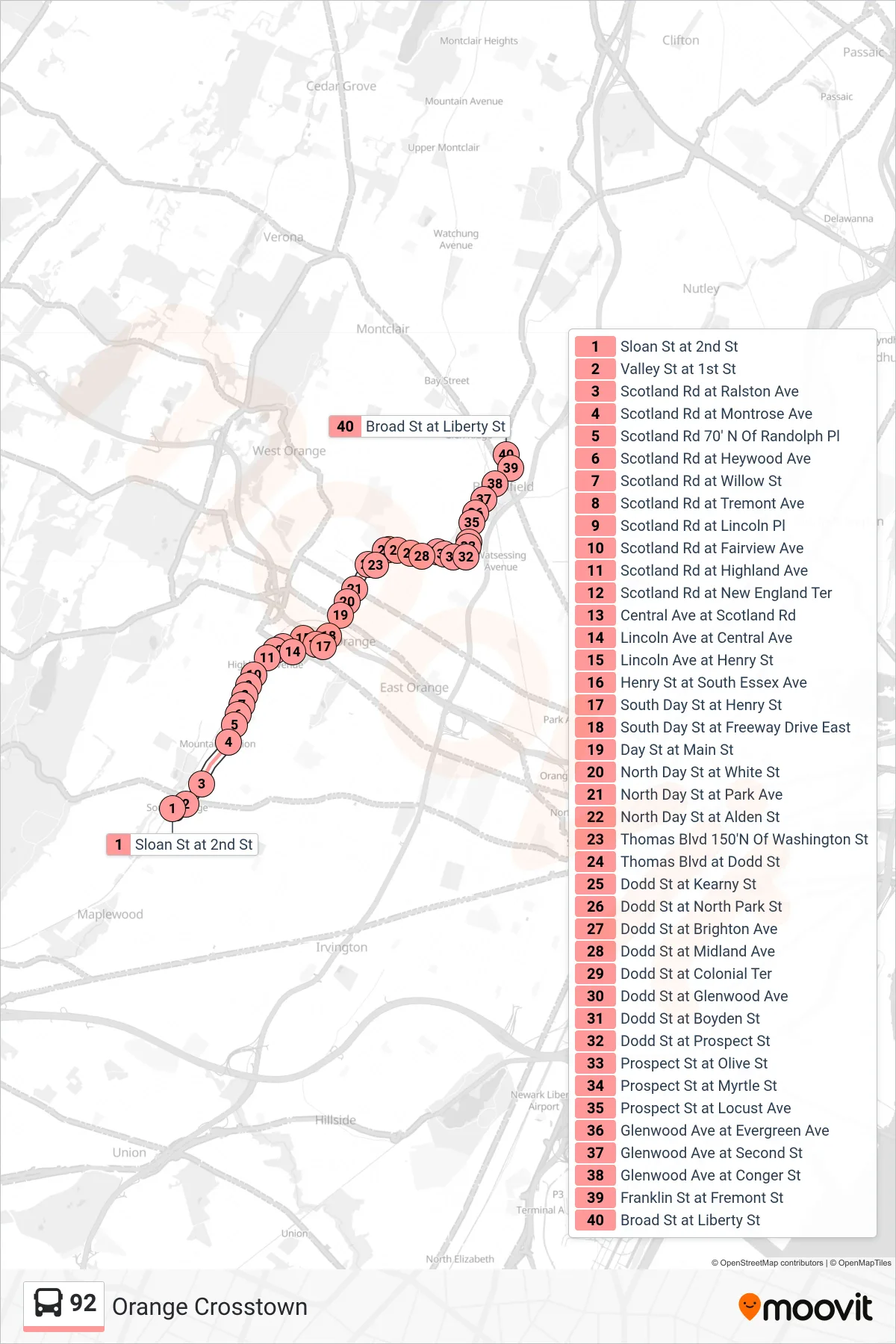 92 bus Line (Bloomfield Center) route and stops on a map