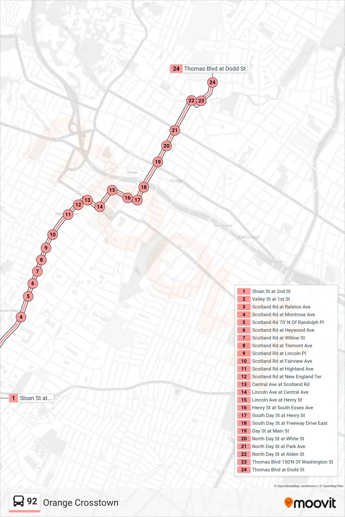 92 bus Line (Thomas & Dodd) route and stops on a map