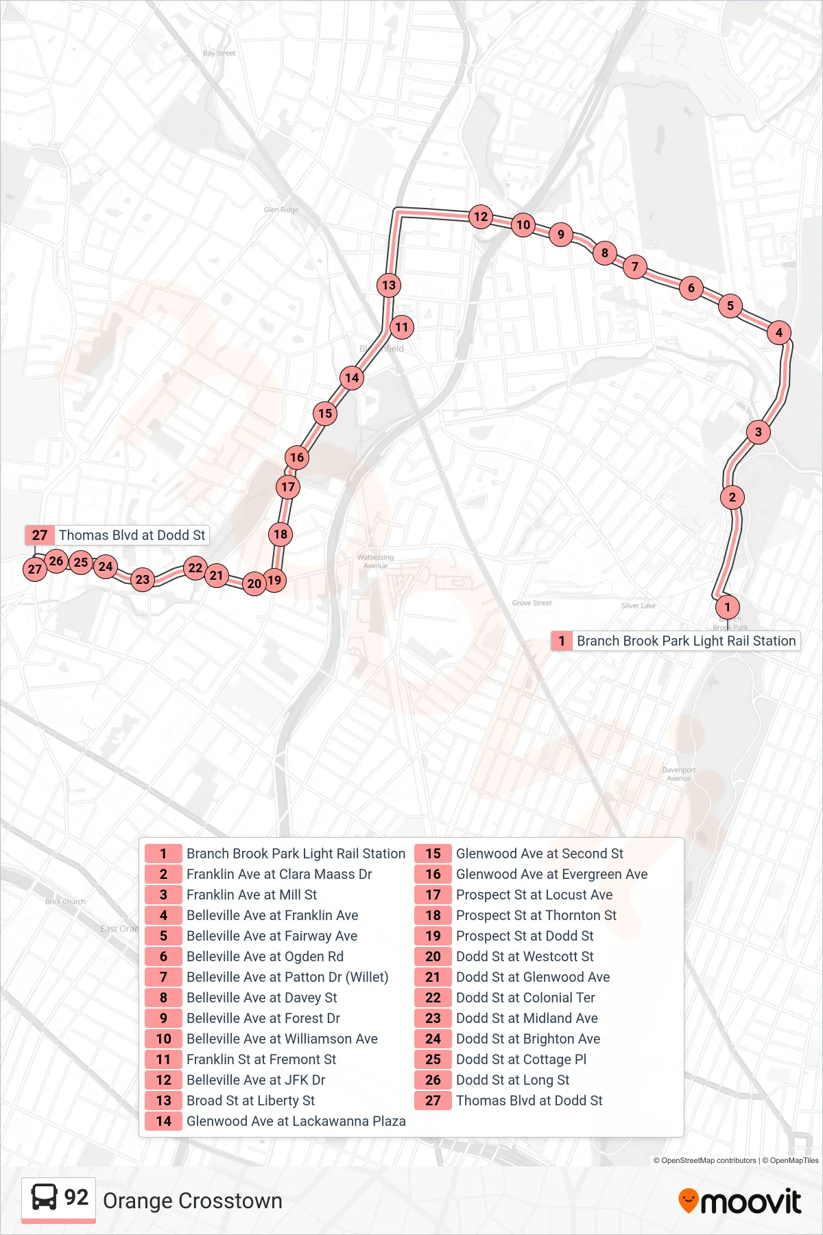 92 bus Line (Thomas & Dodd) route and stops on a map