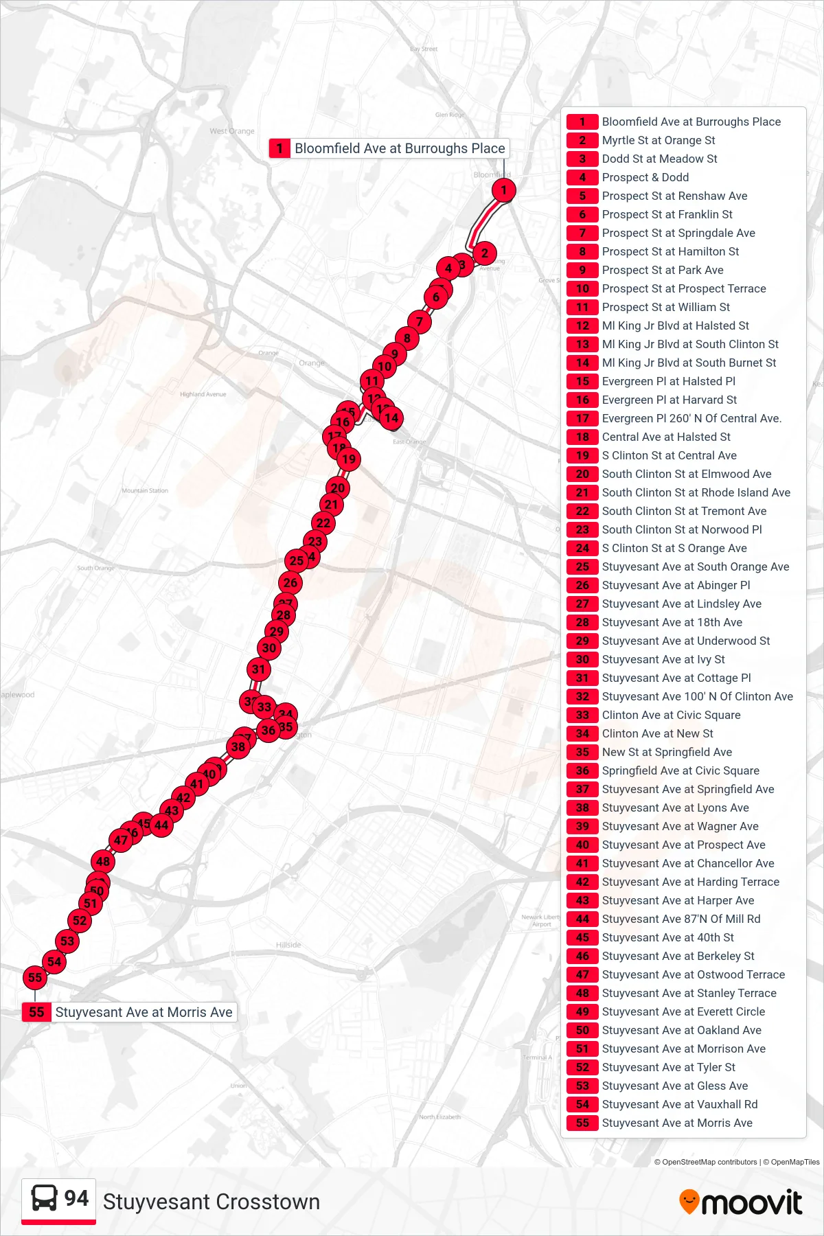 94 bus Line (U Union Center) route and stops on a map