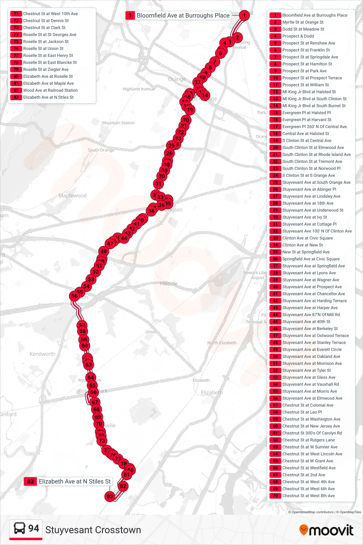 94 bus Line (L Linden) route and stops on a map