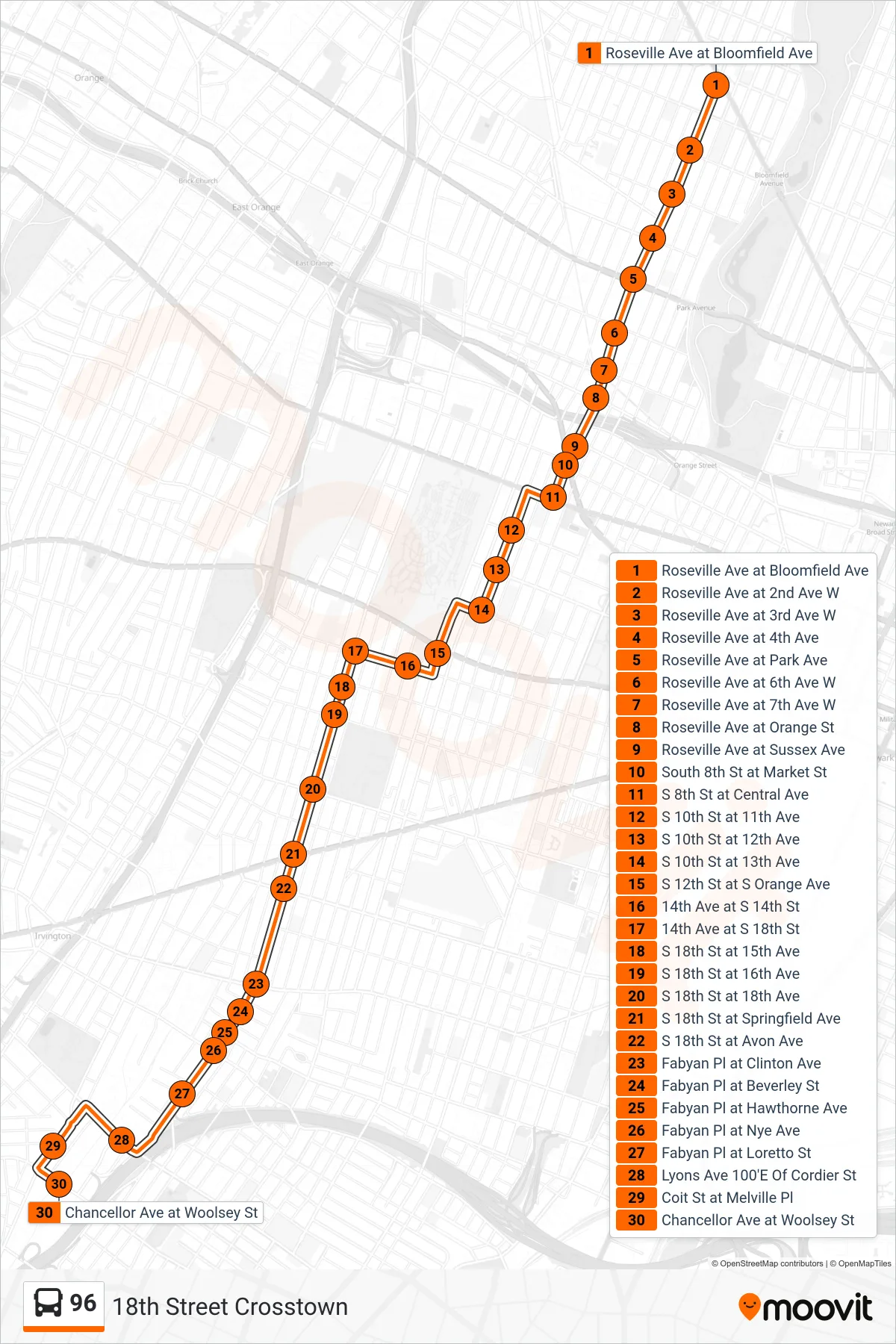 96 bus Line (Crosstown Newark Chancellor & Woolsey) route and stops on a map