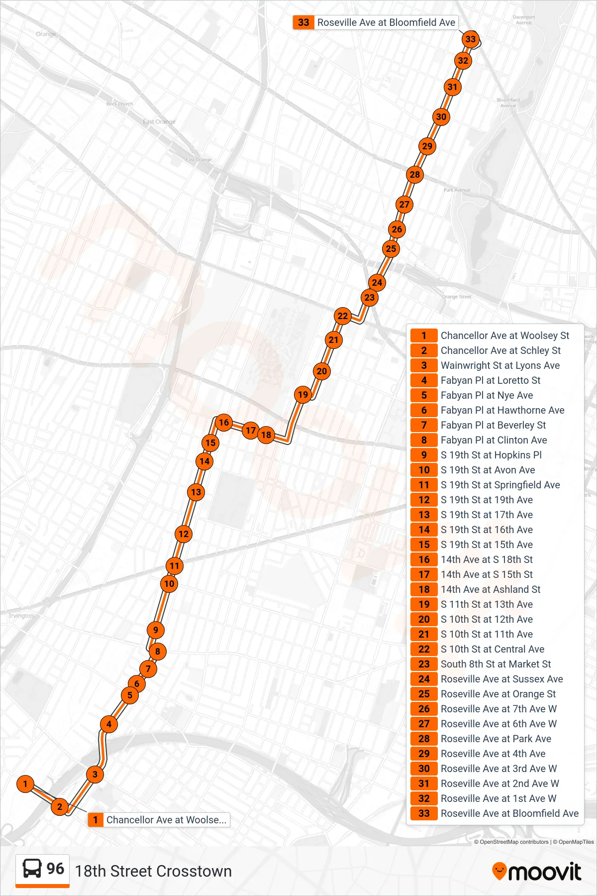 96 bus Line (Crosstown  Newark Bloomfield Ave) route and stops on a map
