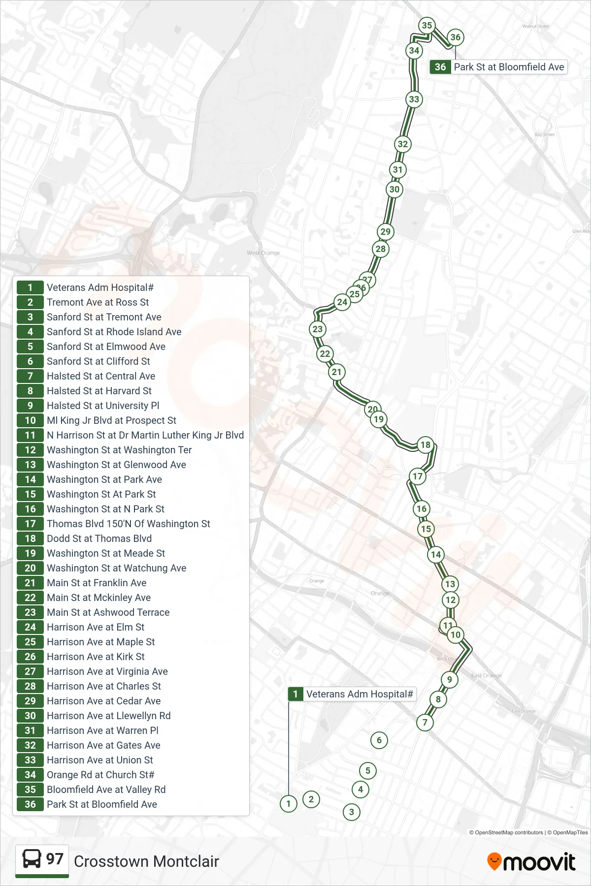 97 bus Line (Crosstown Montclair) route and stops on a map