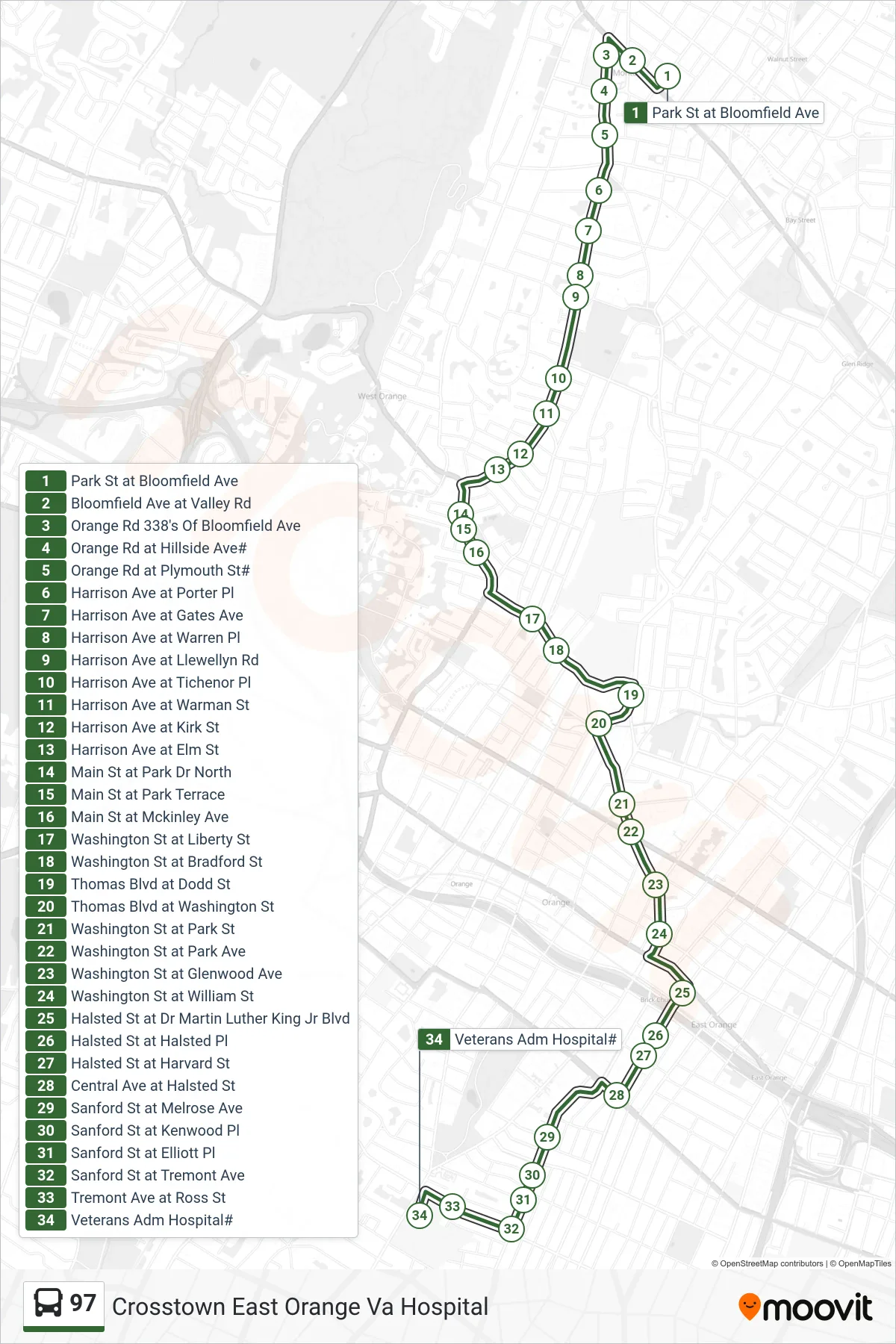 97 bus Line (Crosstown East Orange Va Hospital) route and stops on a map