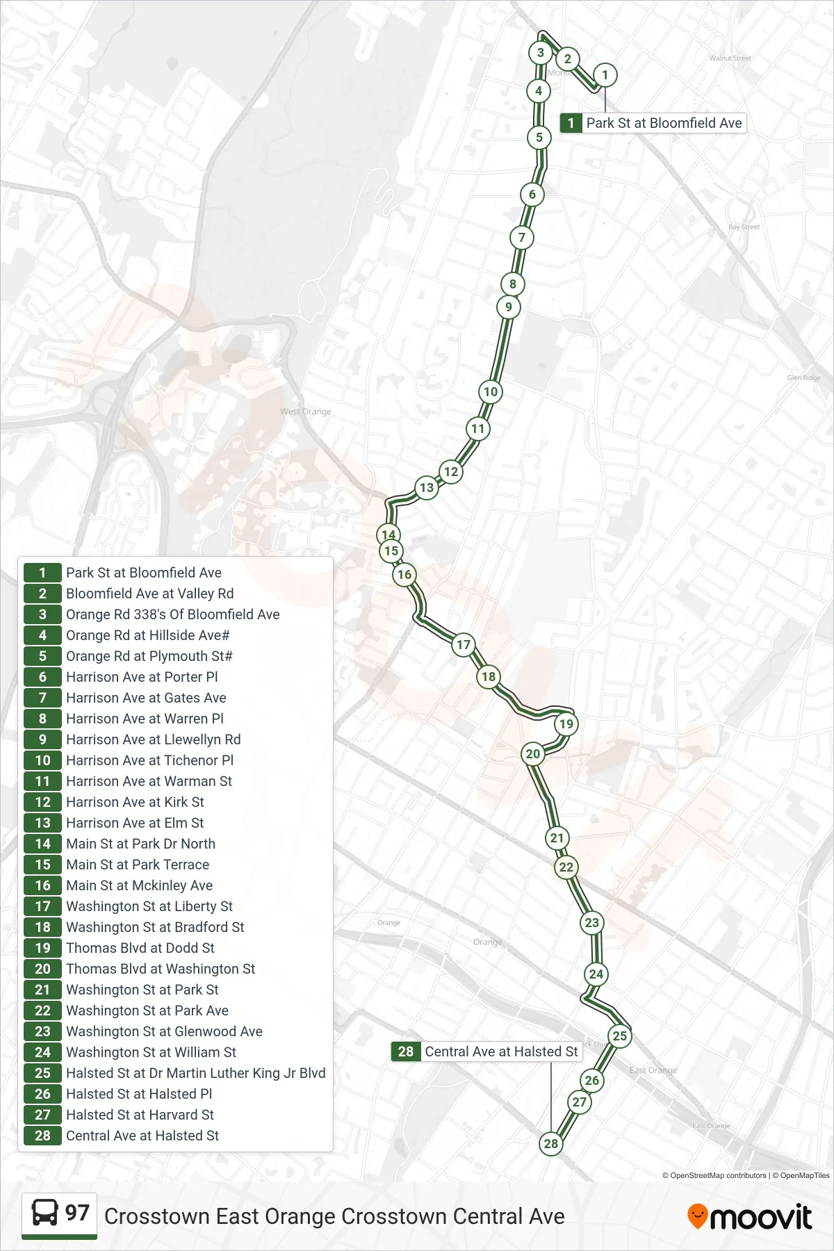 97 bus Line (Crosstown East Orange Crosstown Central Ave) route and stops on a map