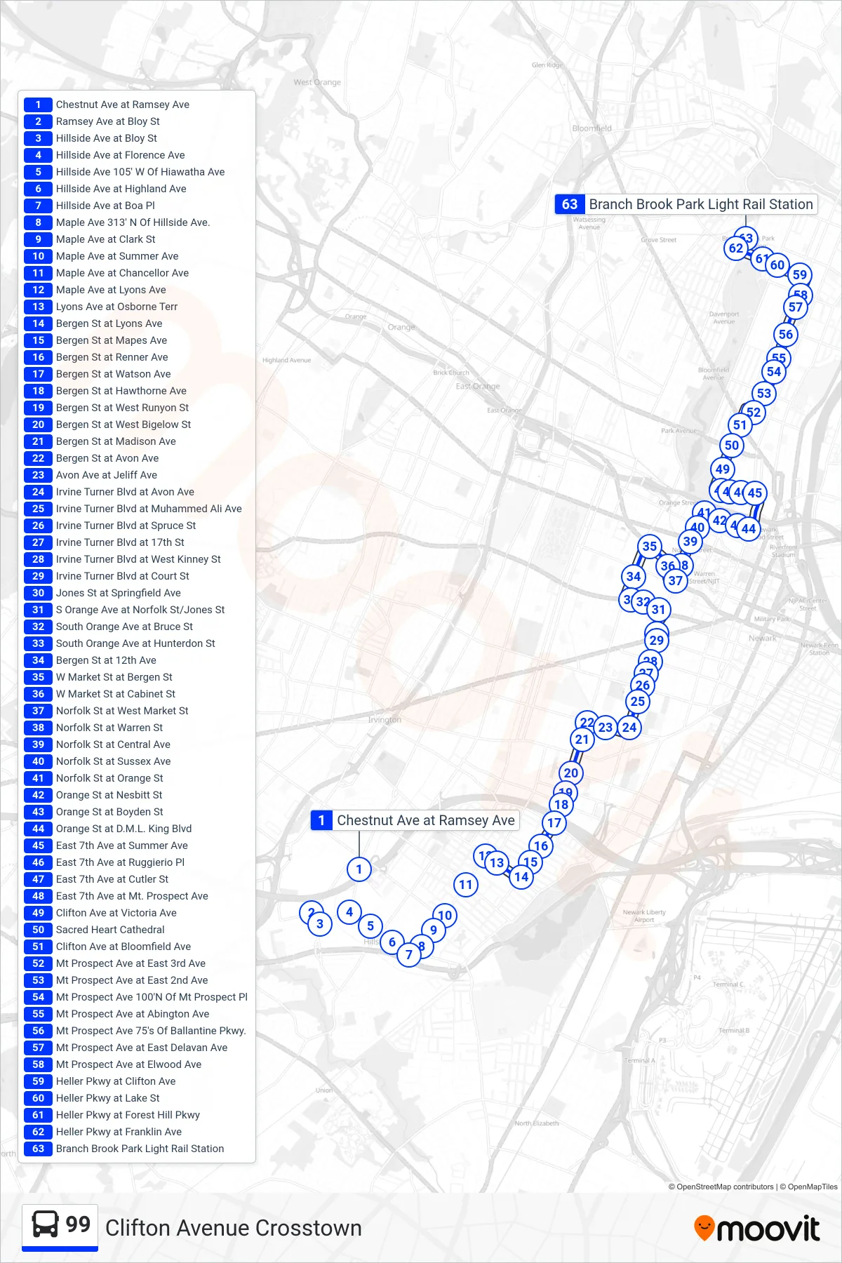 99 bus Line (Clifton Ave Newark Lt Rail Branch Brook Park Station) route and stops on a map