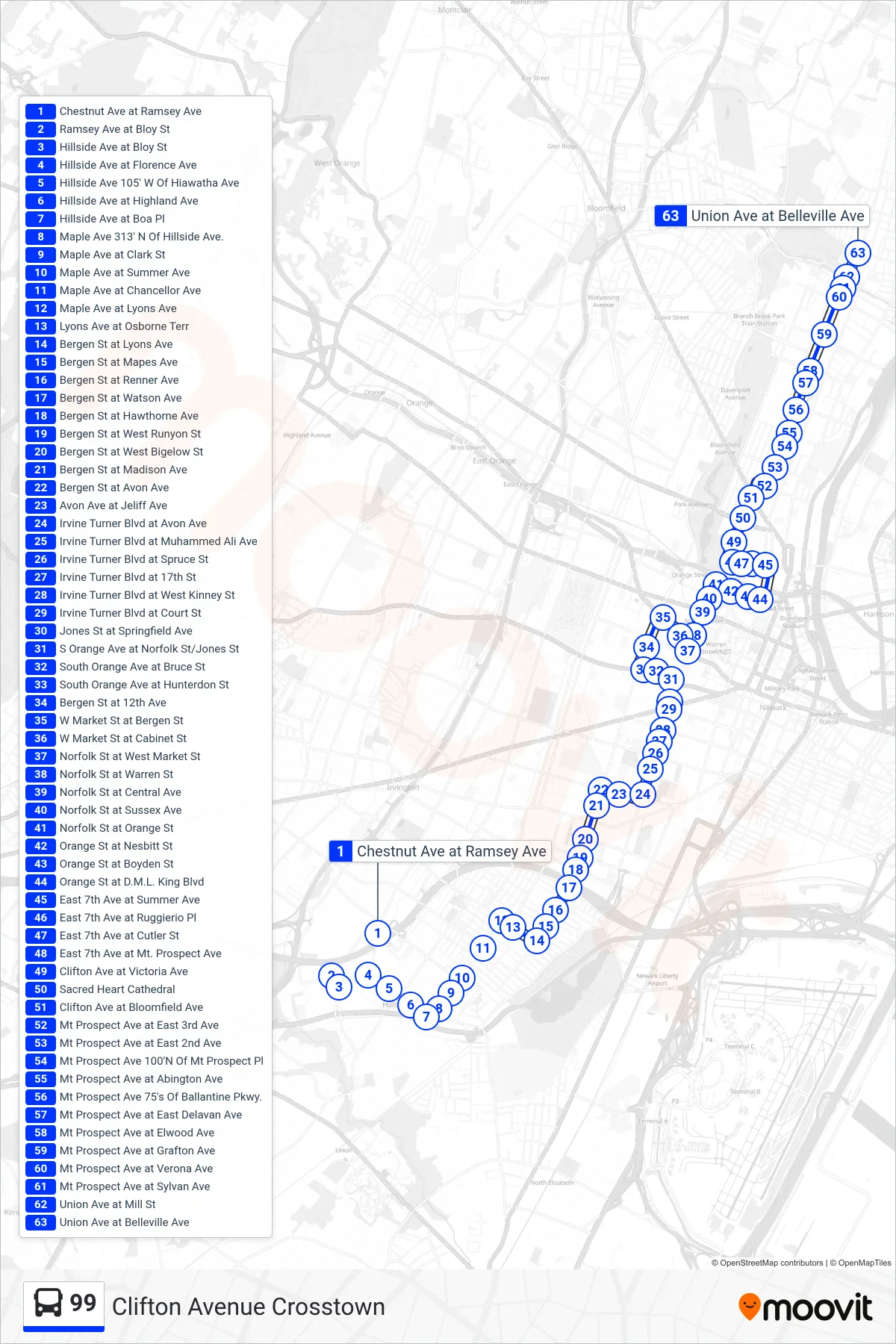 99 bus Line (Clifton Ave Belleville Belleville & Union Avenue) route and stops on a map