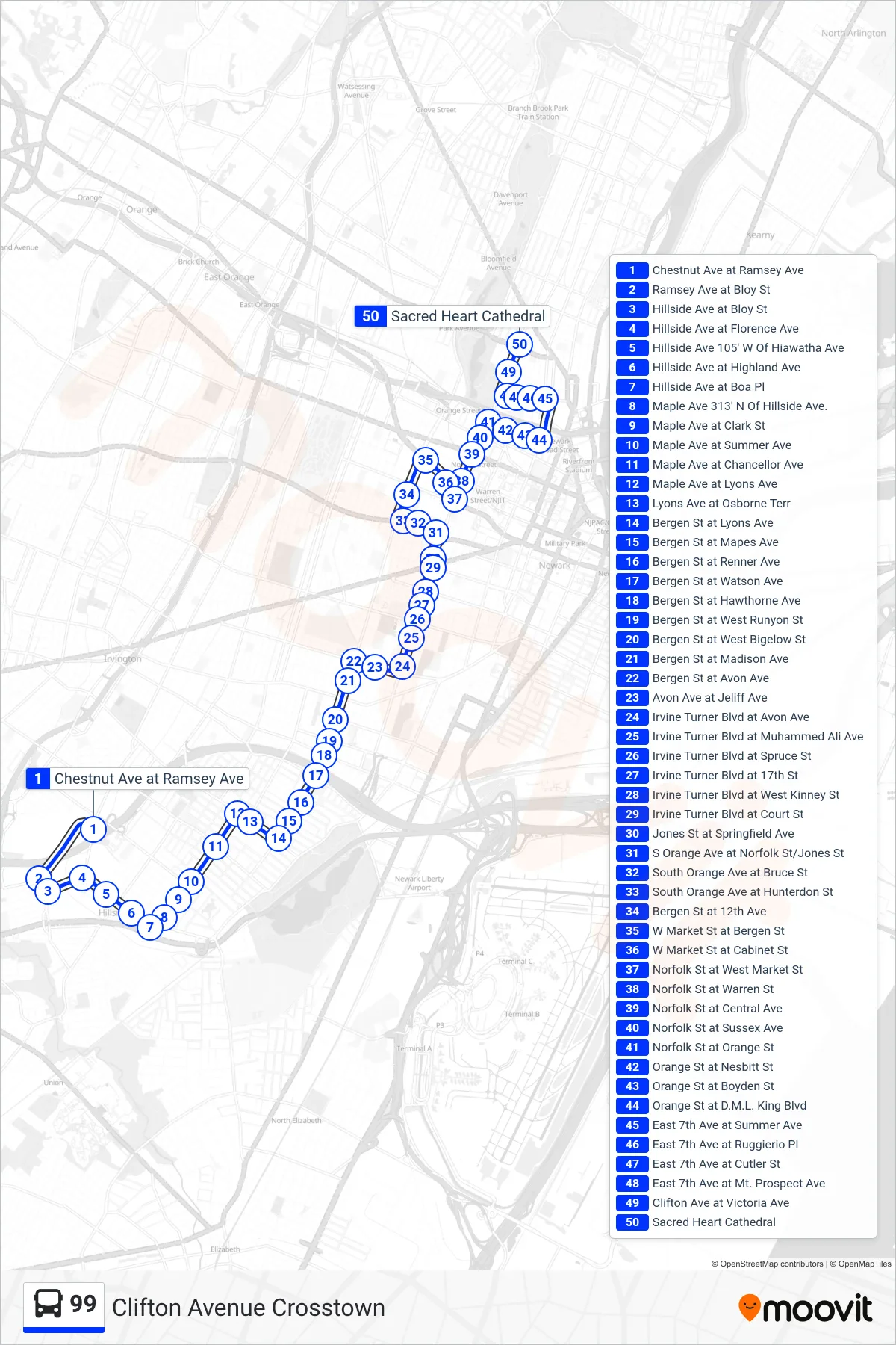 99 bus Line (Clifton Ave & Bloomfield Ave) route and stops on a map