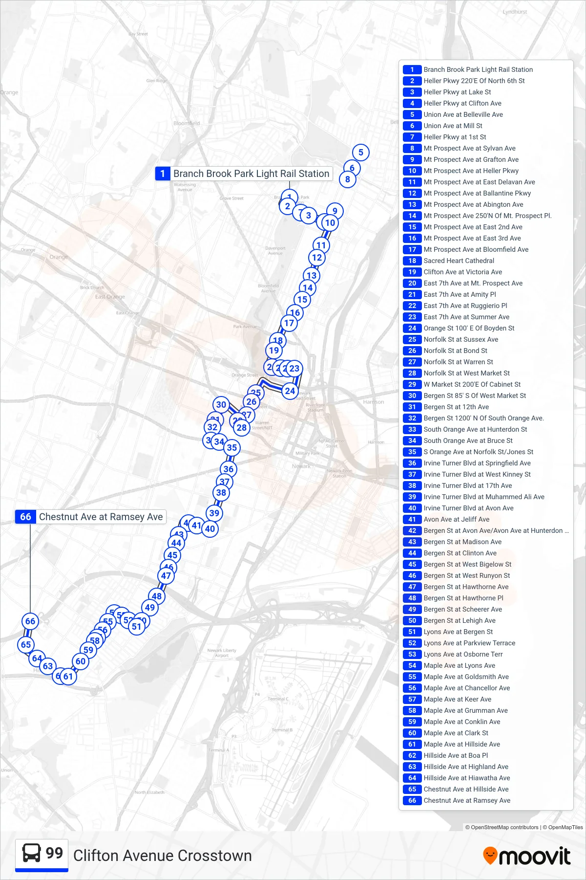 99 bus Line (Clifton Ave Hillside) route and stops on a map
