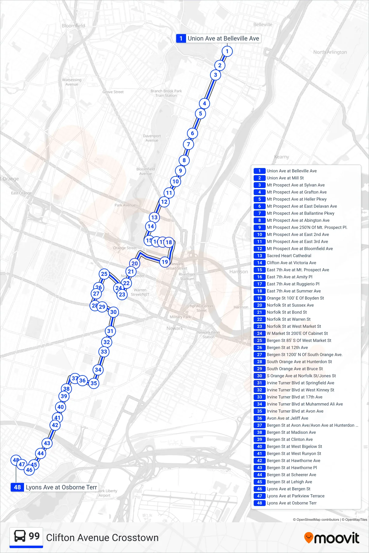 99 bus Line (Beth Israel Hospital) route and stops on a map