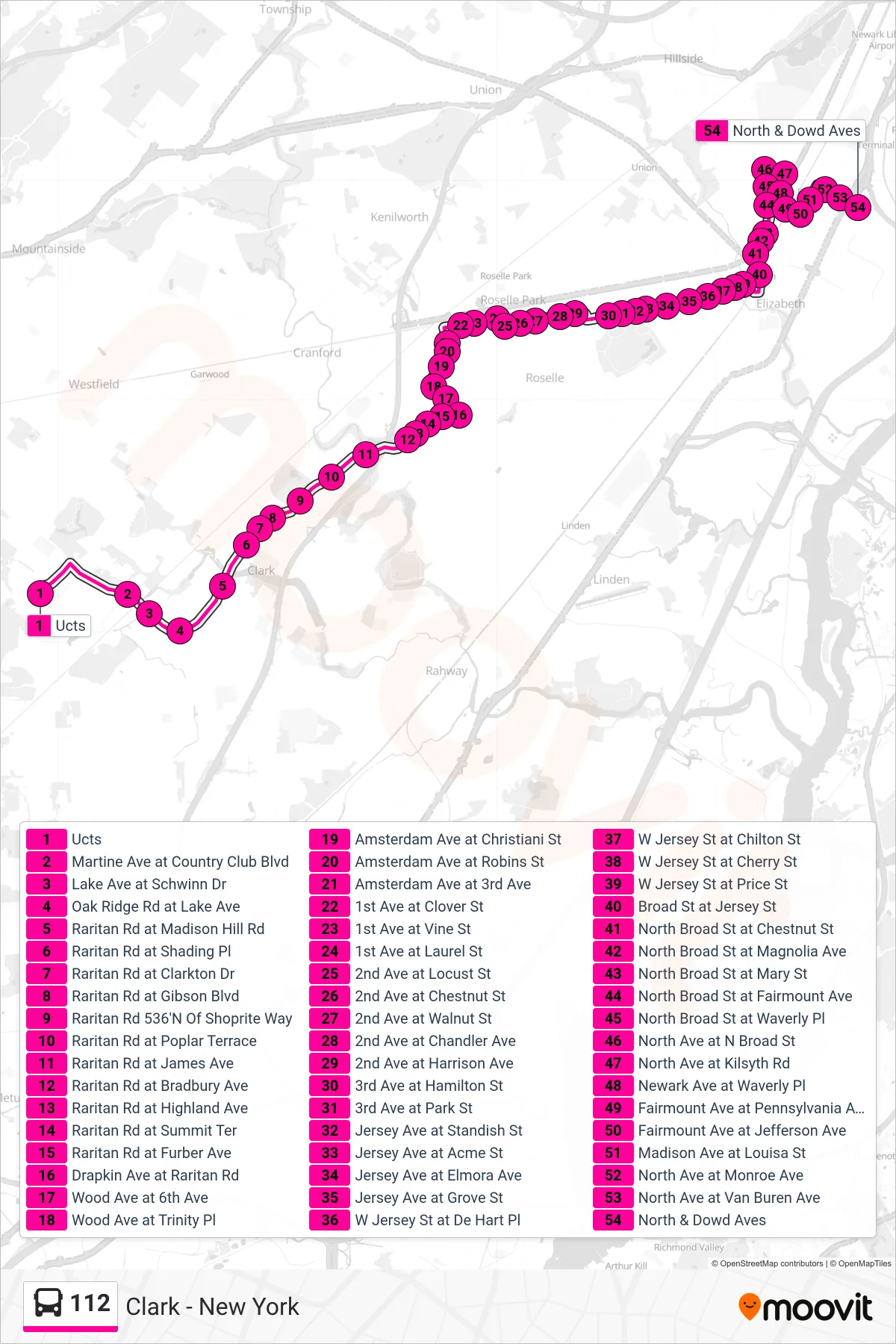 112 bus Line (Elizabeth) route and stops on a map