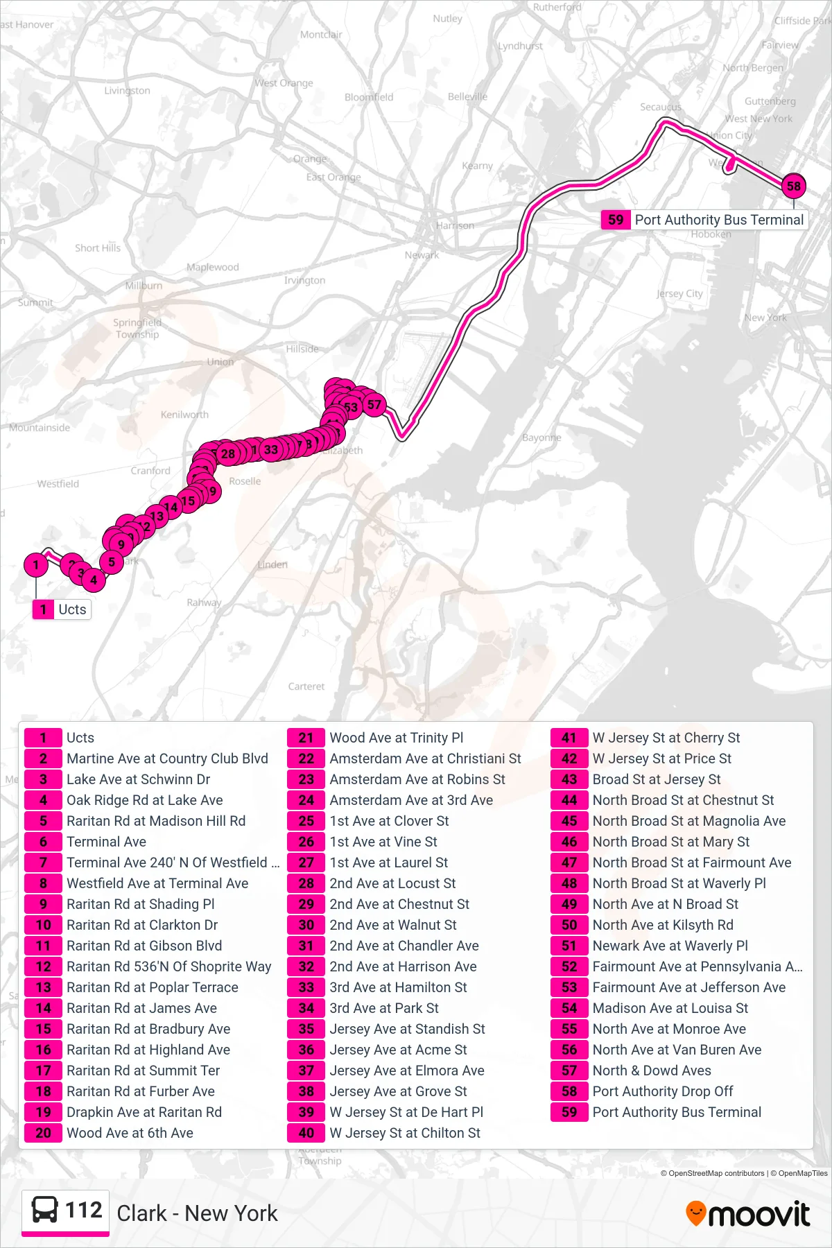 112 bus Line (New York) route and stops on a map