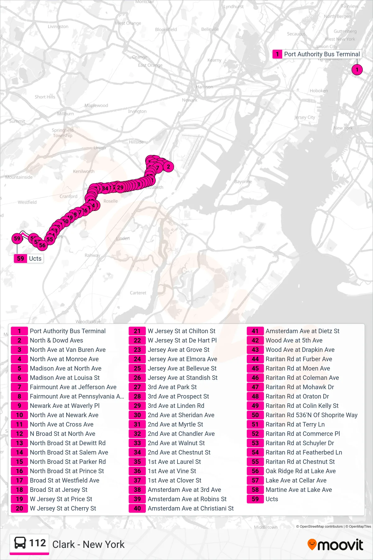 112 bus Line (Scotch Plains Union Tech) route and stops on a map