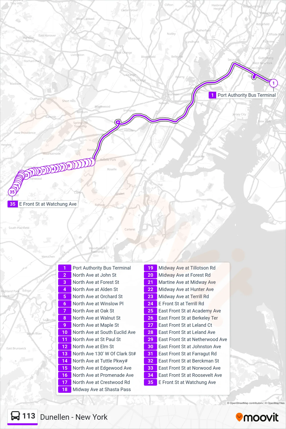 113 bus Line (X Plainfield) route and stops on a map