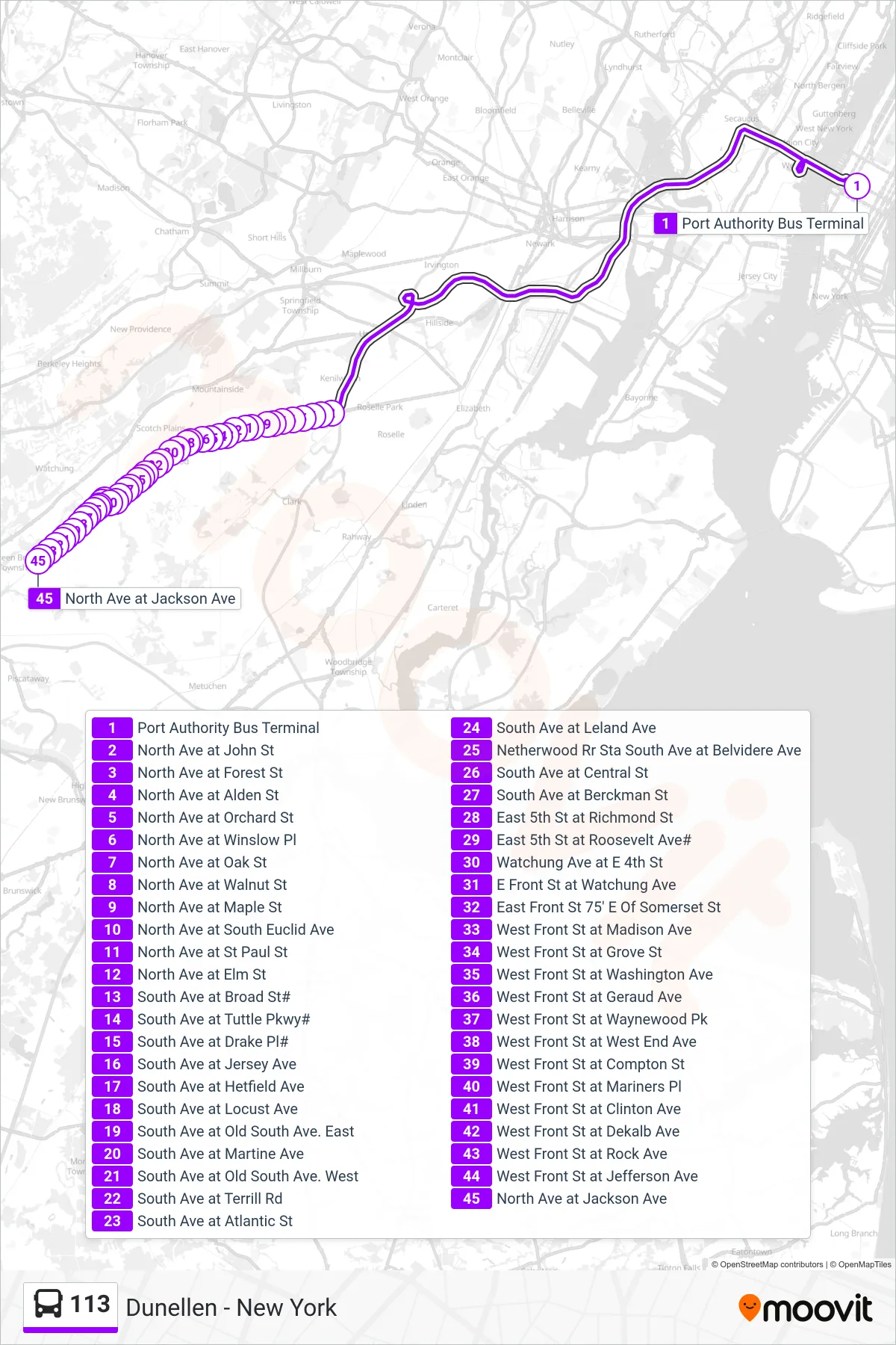 113 bus Line (Sx Dunellen Express  Dunellen South Ave) route and stops on a map