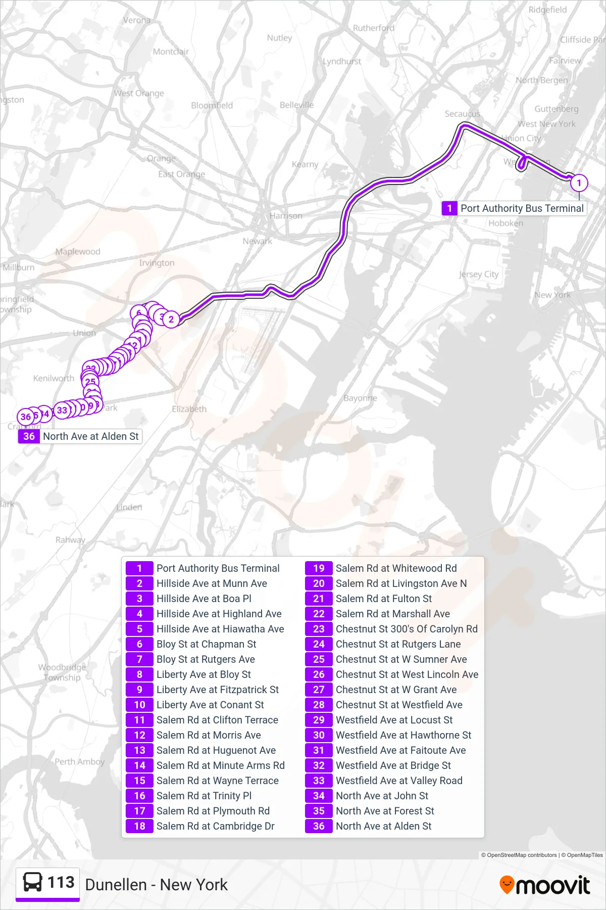 113 bus Line (S Cranford Salem Road) route and stops on a map