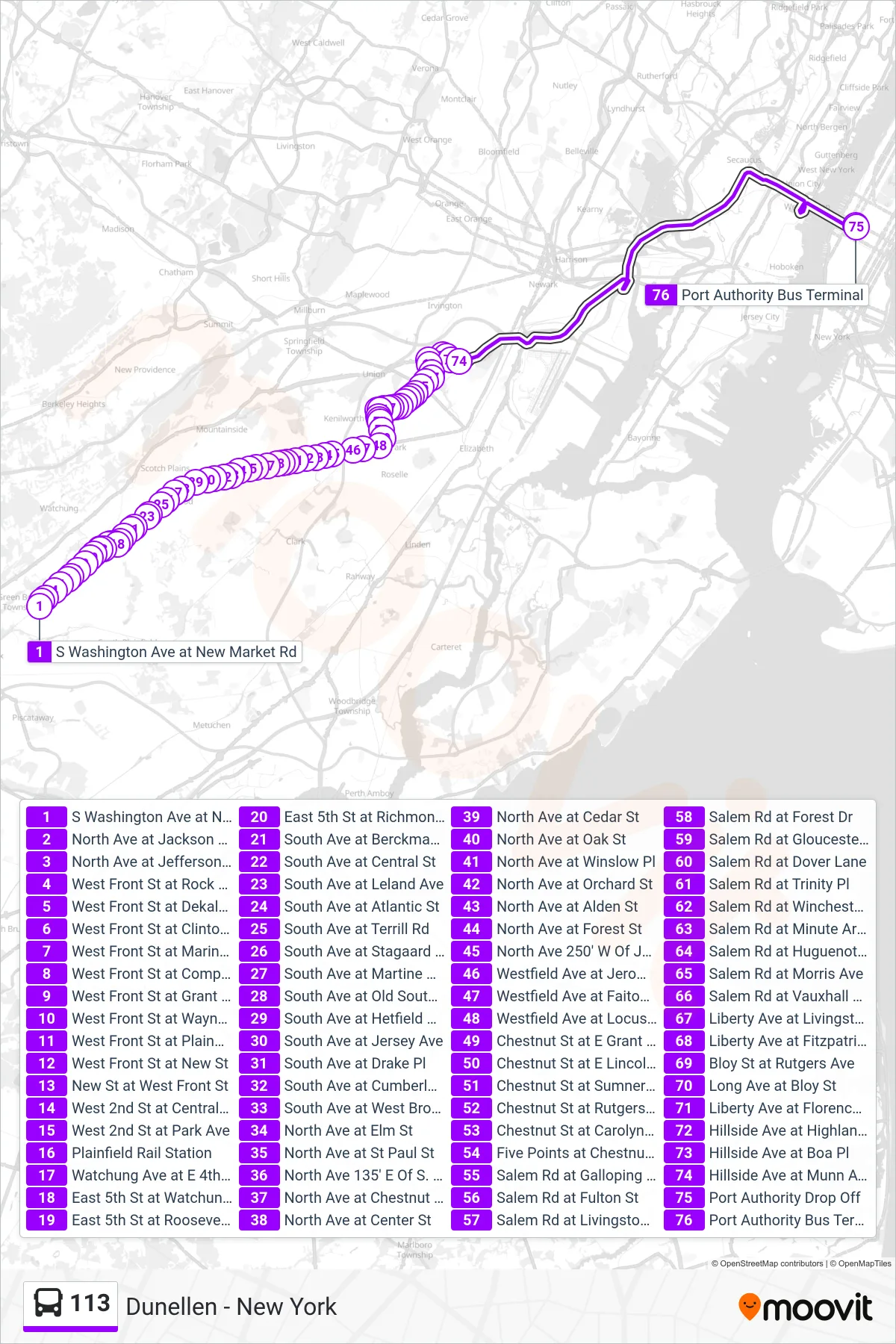 113 bus Line (S New York Salem Road) route and stops on a map