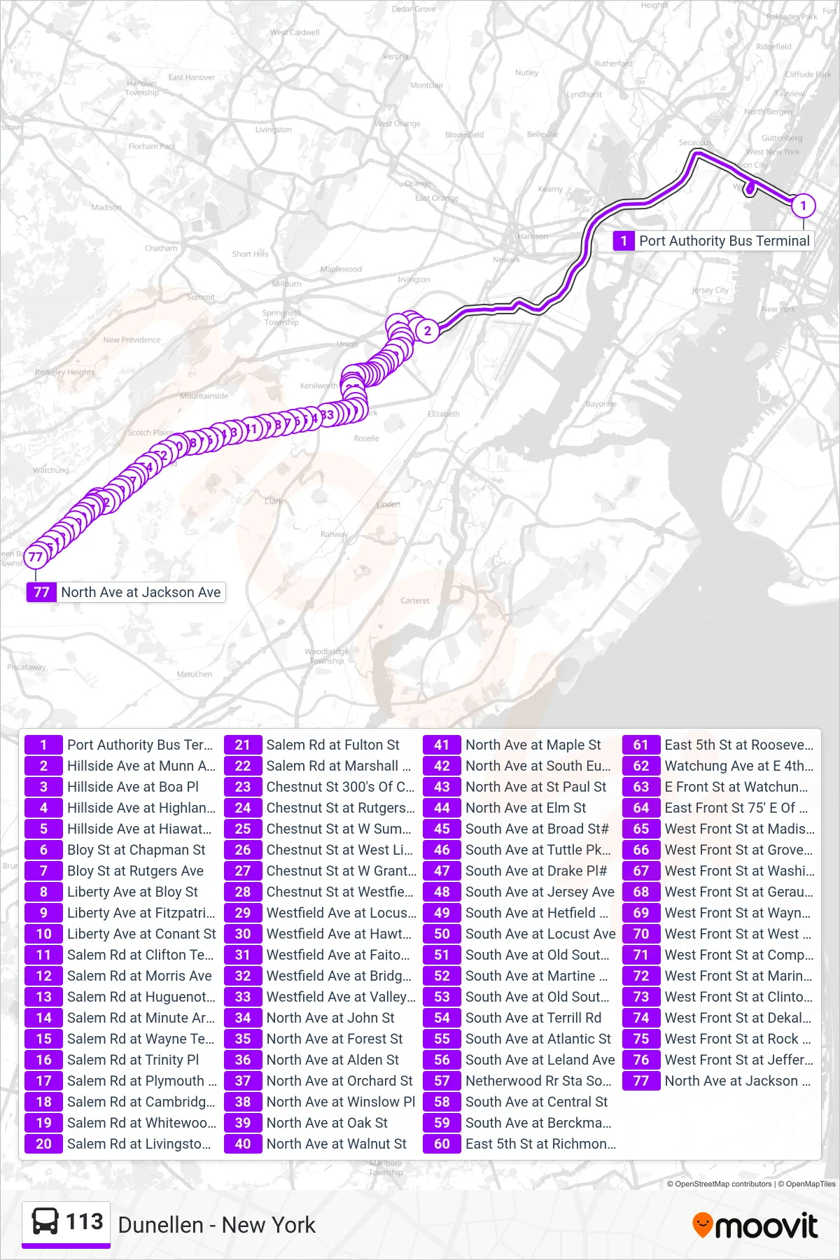 113 bus Line (S Dunellen Salem Road) route and stops on a map
