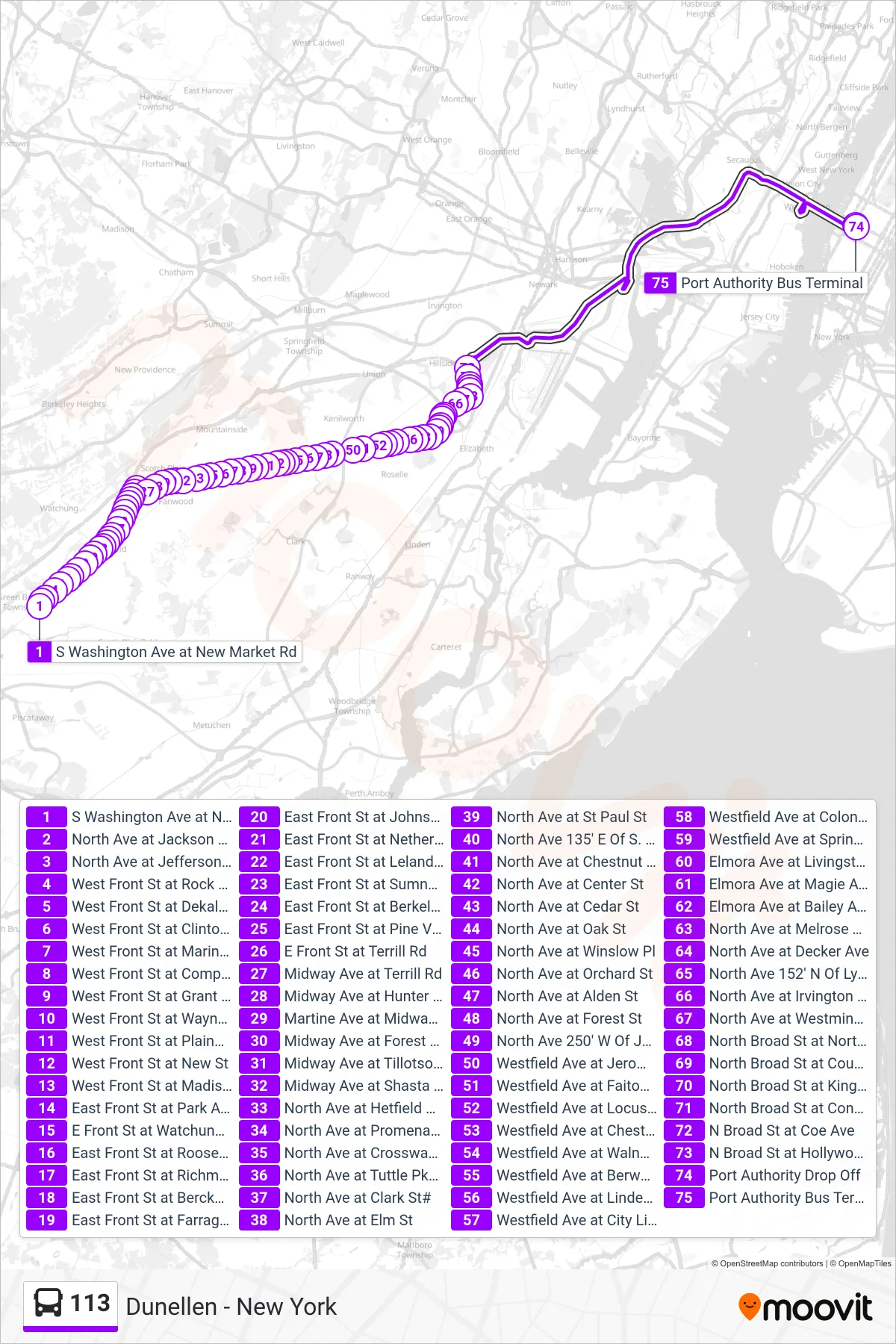 113 bus Line (N New York North Ave) route and stops on a map