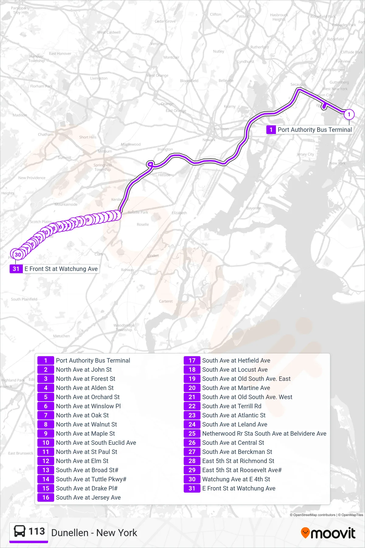 113 bus Line (Sx Plainfield Express Plainfield Via South Ave) route and stops on a map