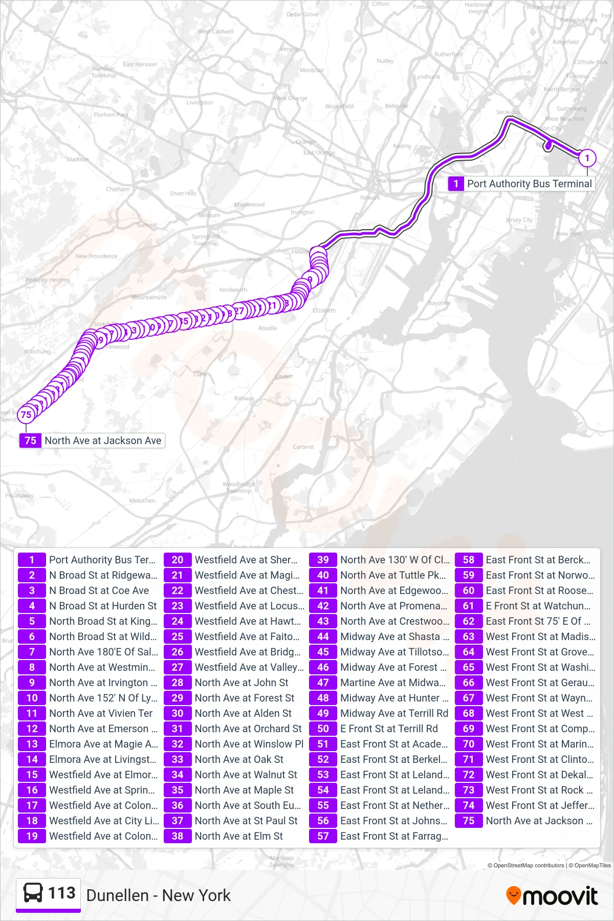 113 bus Line (N Dunellen North Ave) route and stops on a map