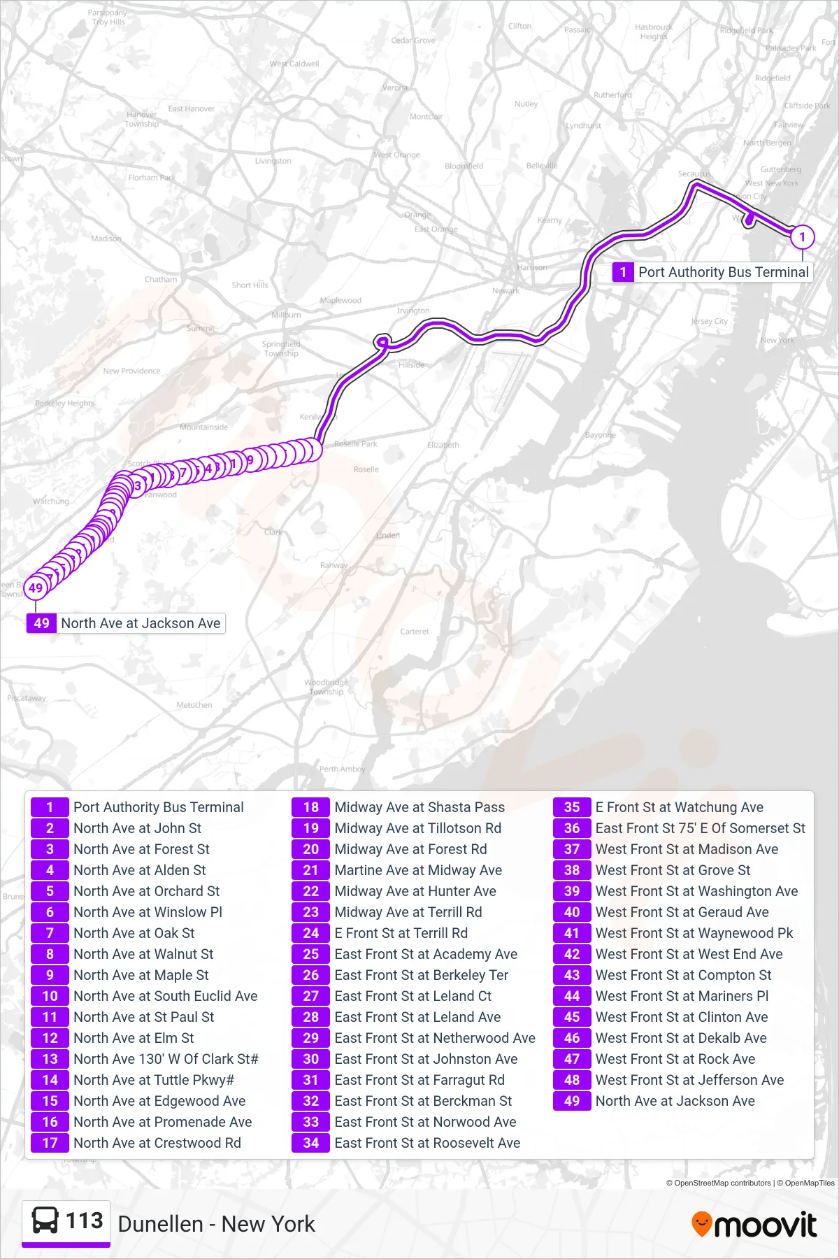 113 bus Line (X Dunellen Parkway Exp) route and stops on a map