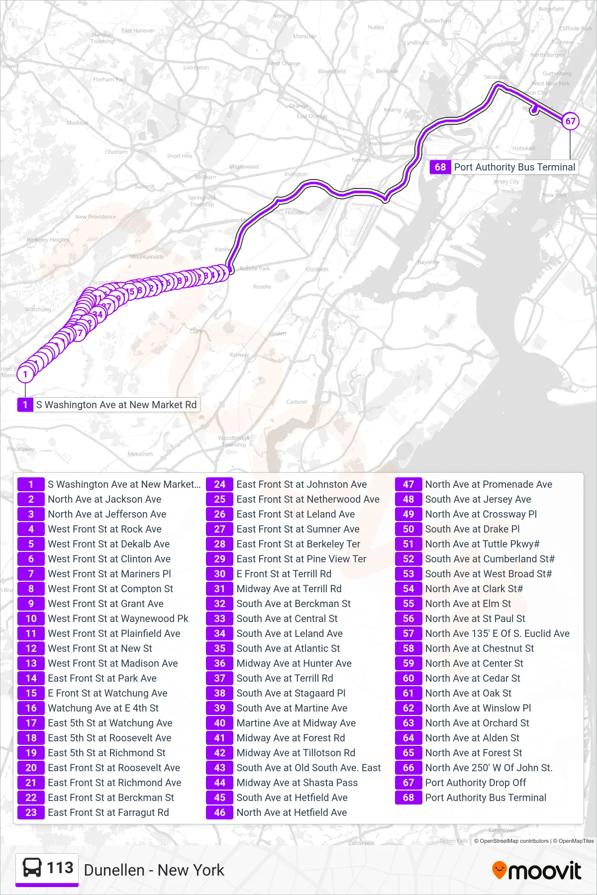 113 bus Line (X New York Parkway Exp) route and stops on a map