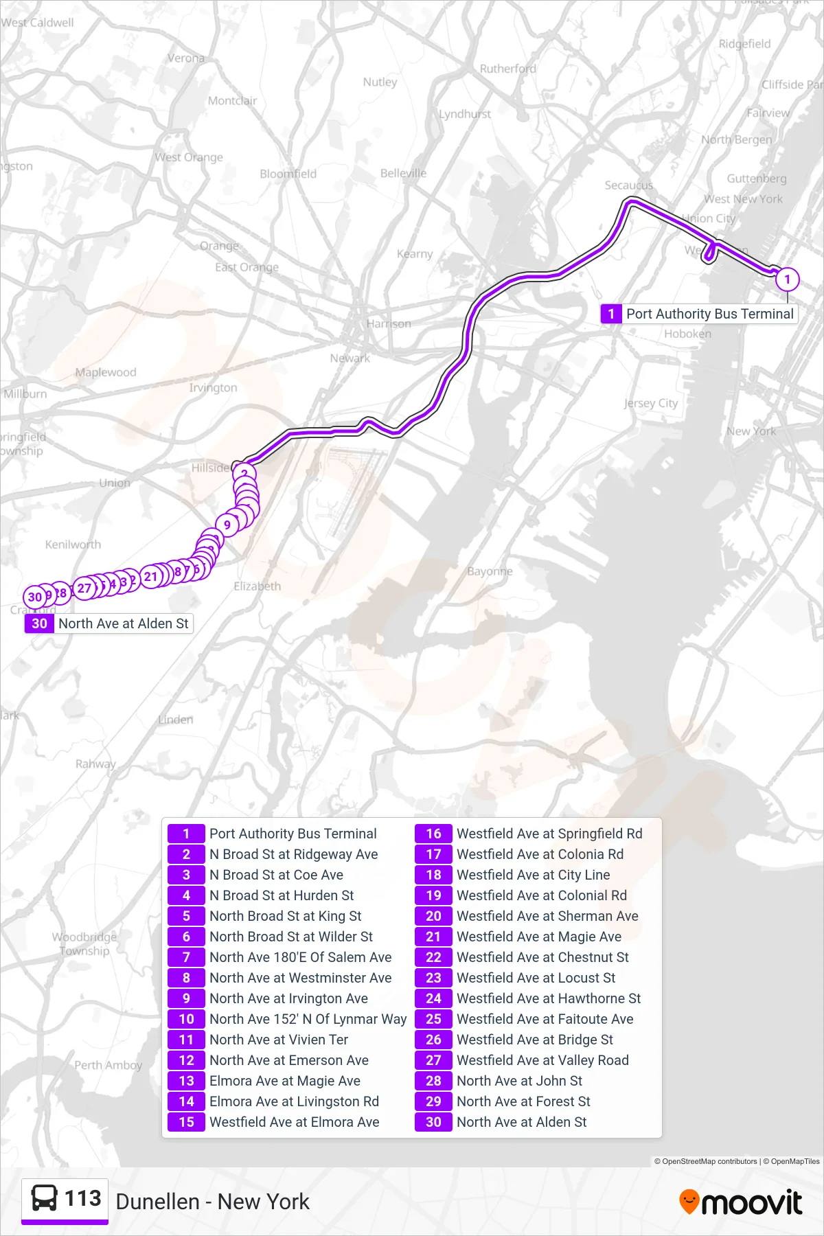 113 bus Line (N Cranford North Ave) route and stops on a map