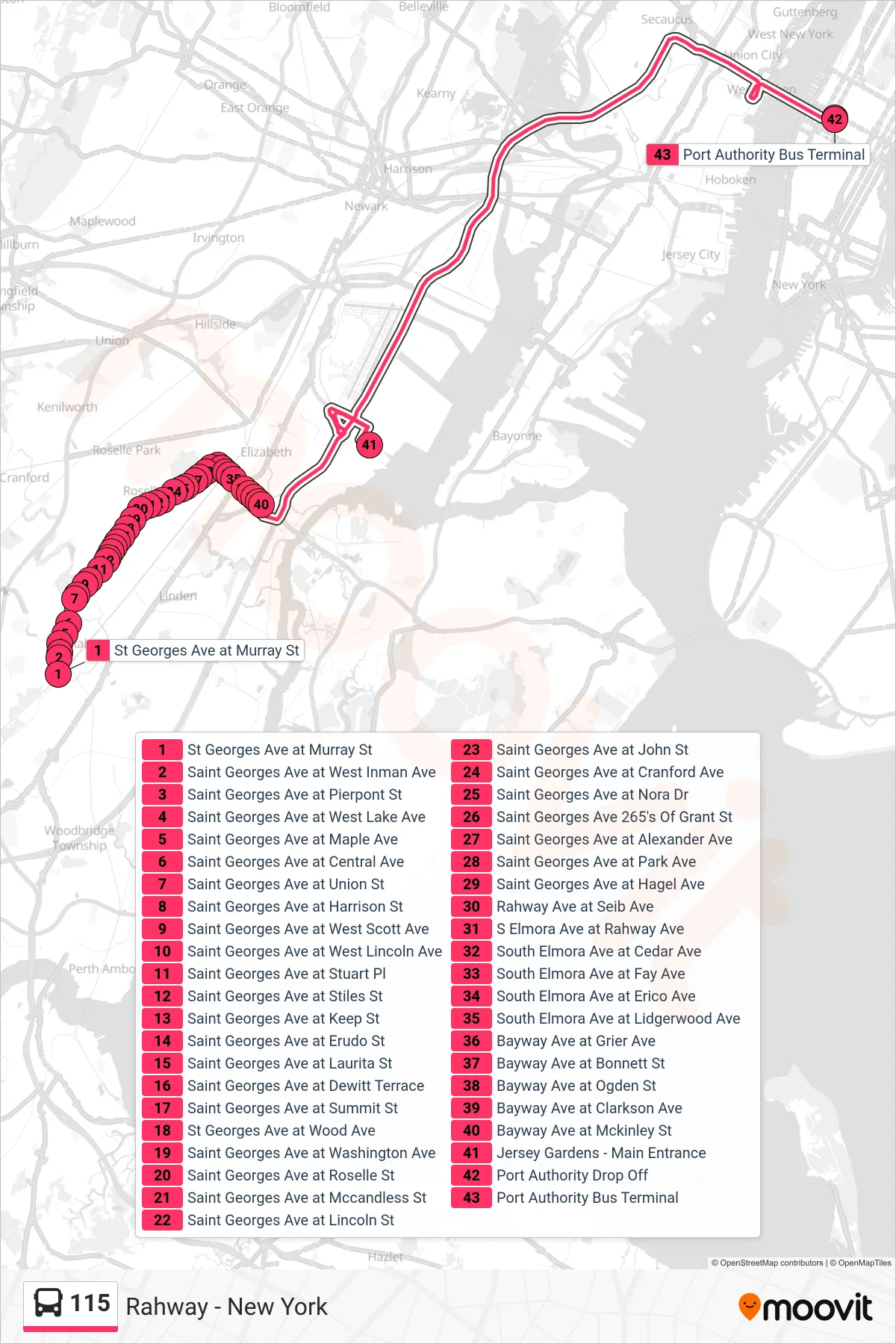 115 bus Line (New York Via Jersey Gardens) route and stops on a map