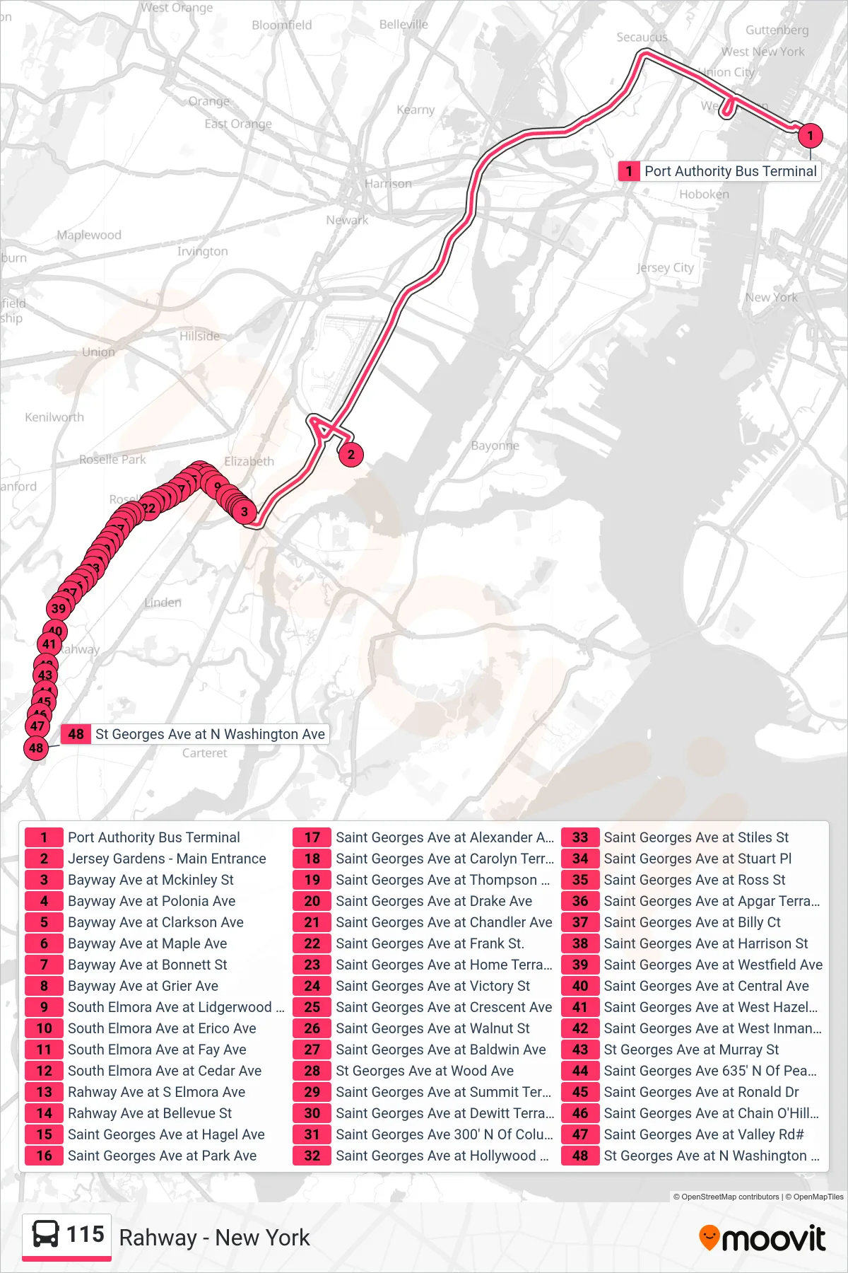 115 bus Line (Avenel) route and stops on a map