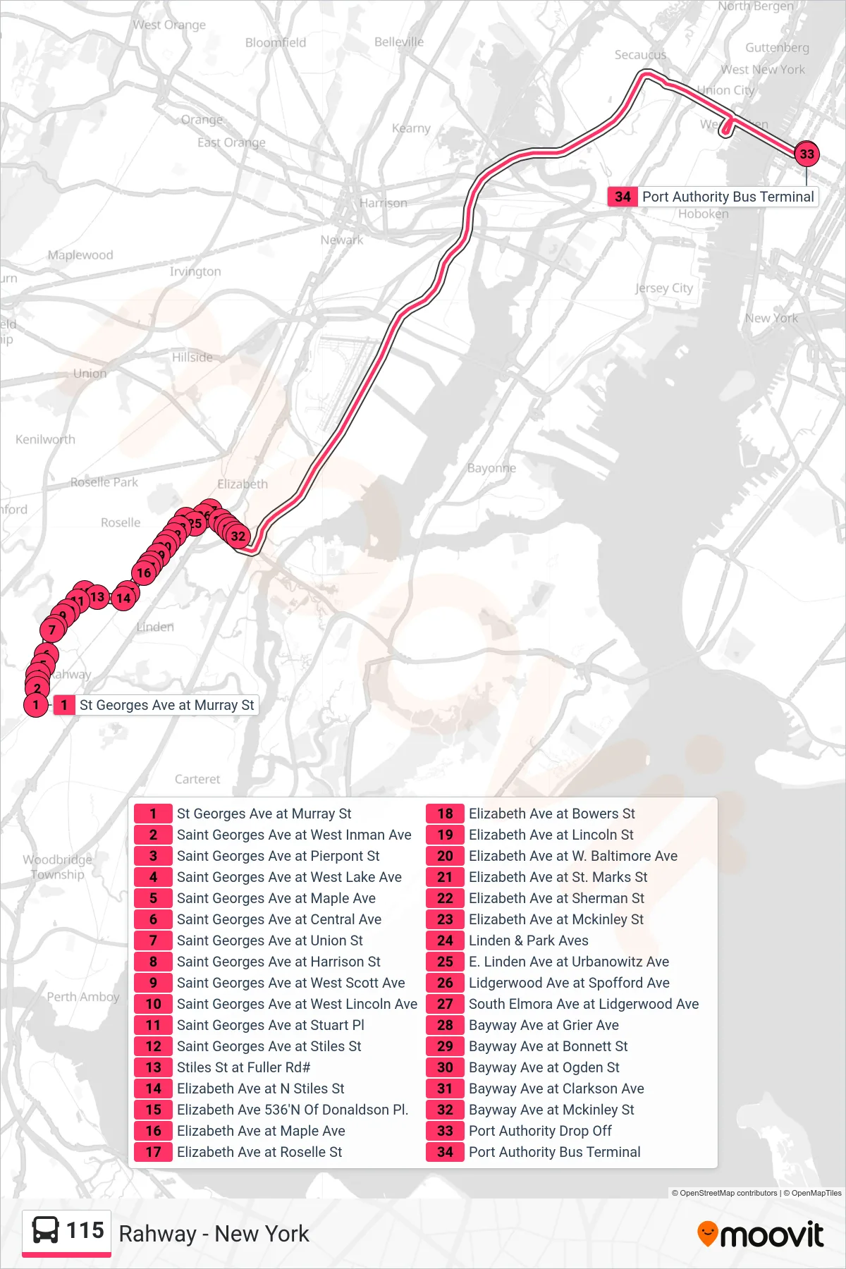 115 bus Line (New York Via Elizabeth Ave) route and stops on a map