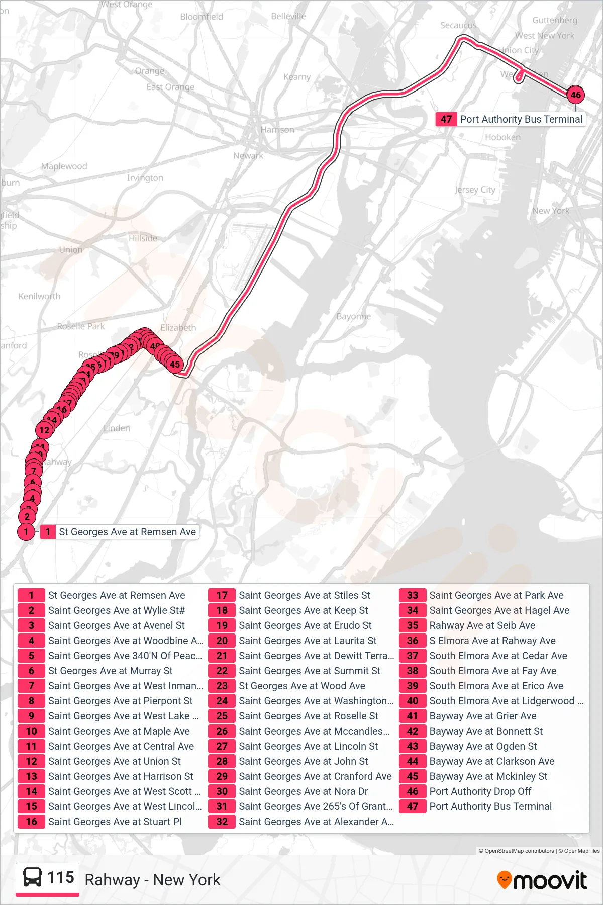 115 bus Line (New York) route and stops on a map