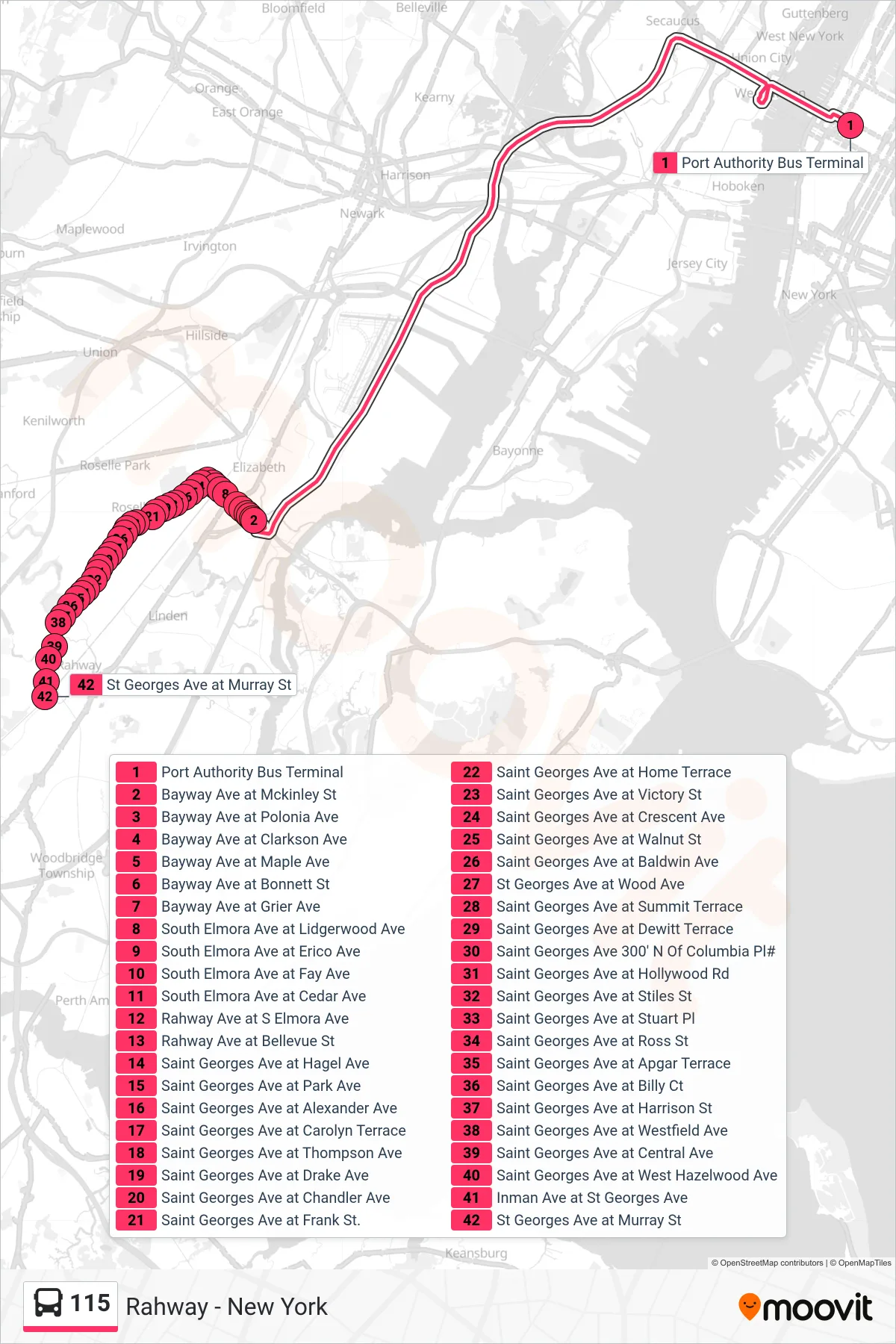 115 bus Line (Rahway) route and stops on a map
