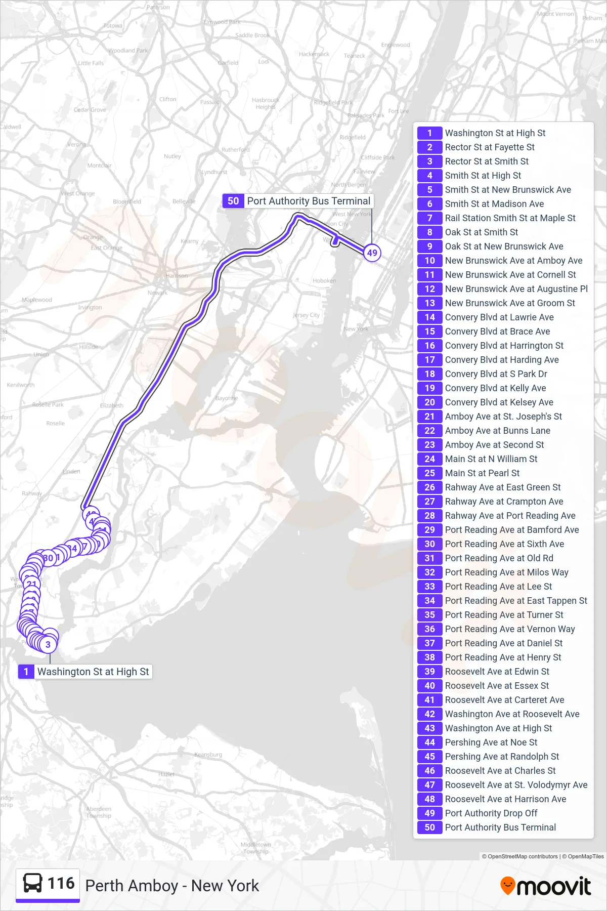116 bus Line (New York) route and stops on a map