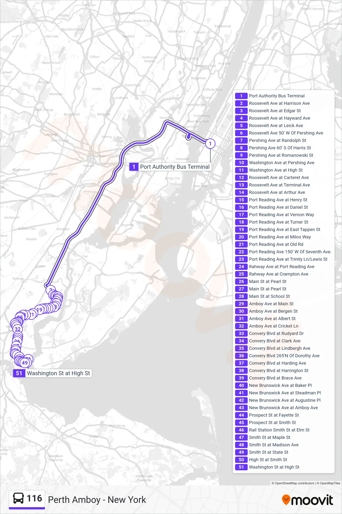116 bus Line (Perth Amboy) route and stops on a map
