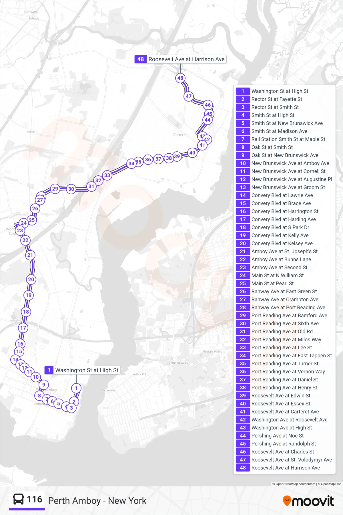 116 bus Line (Carteret) route and stops on a map