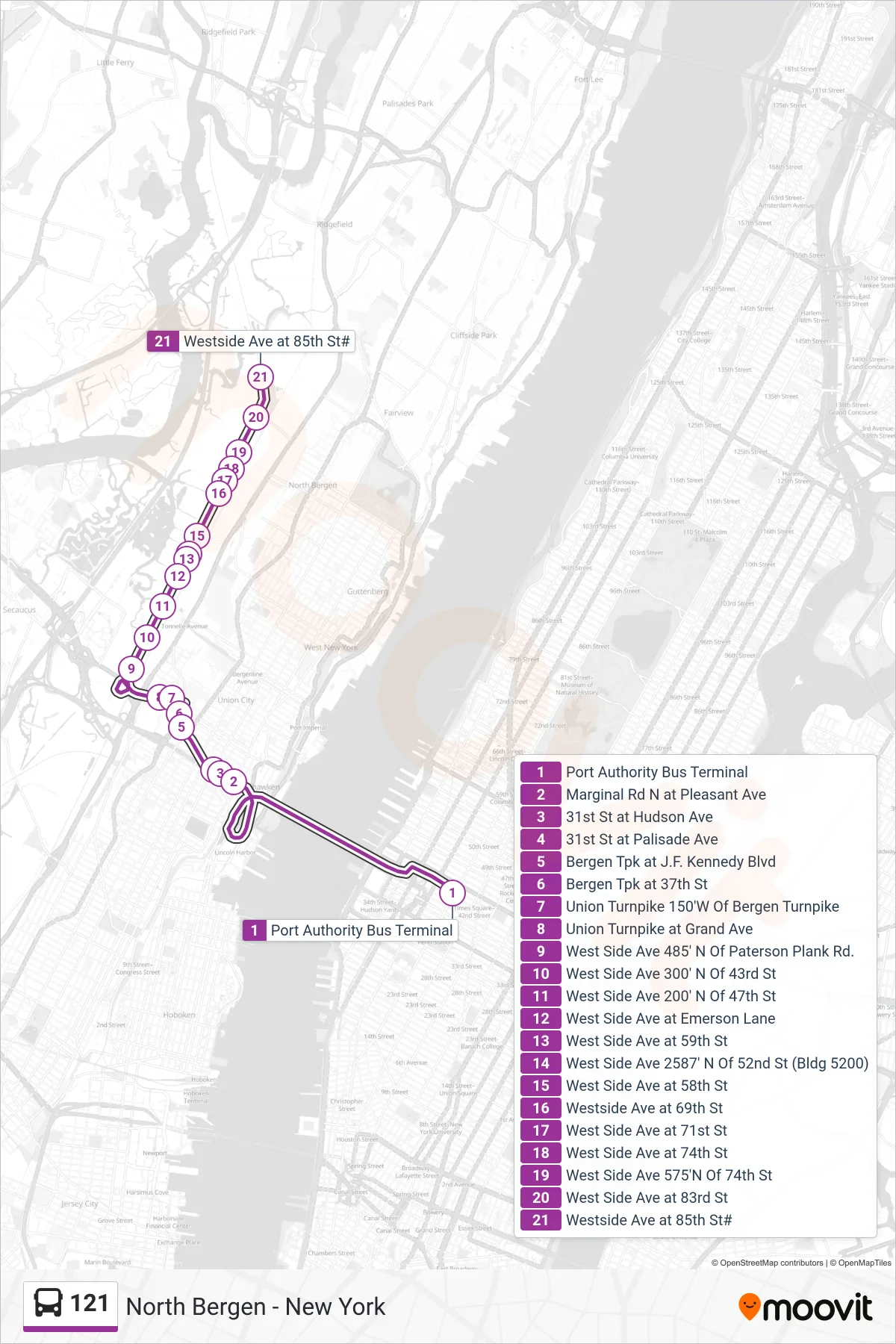 121 bus Line (North Bergen Westside Ave) route and stops on a map