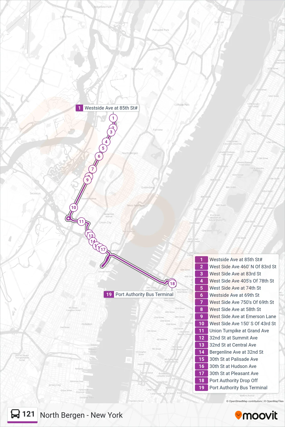 121 bus Line (New York) route and stops on a map