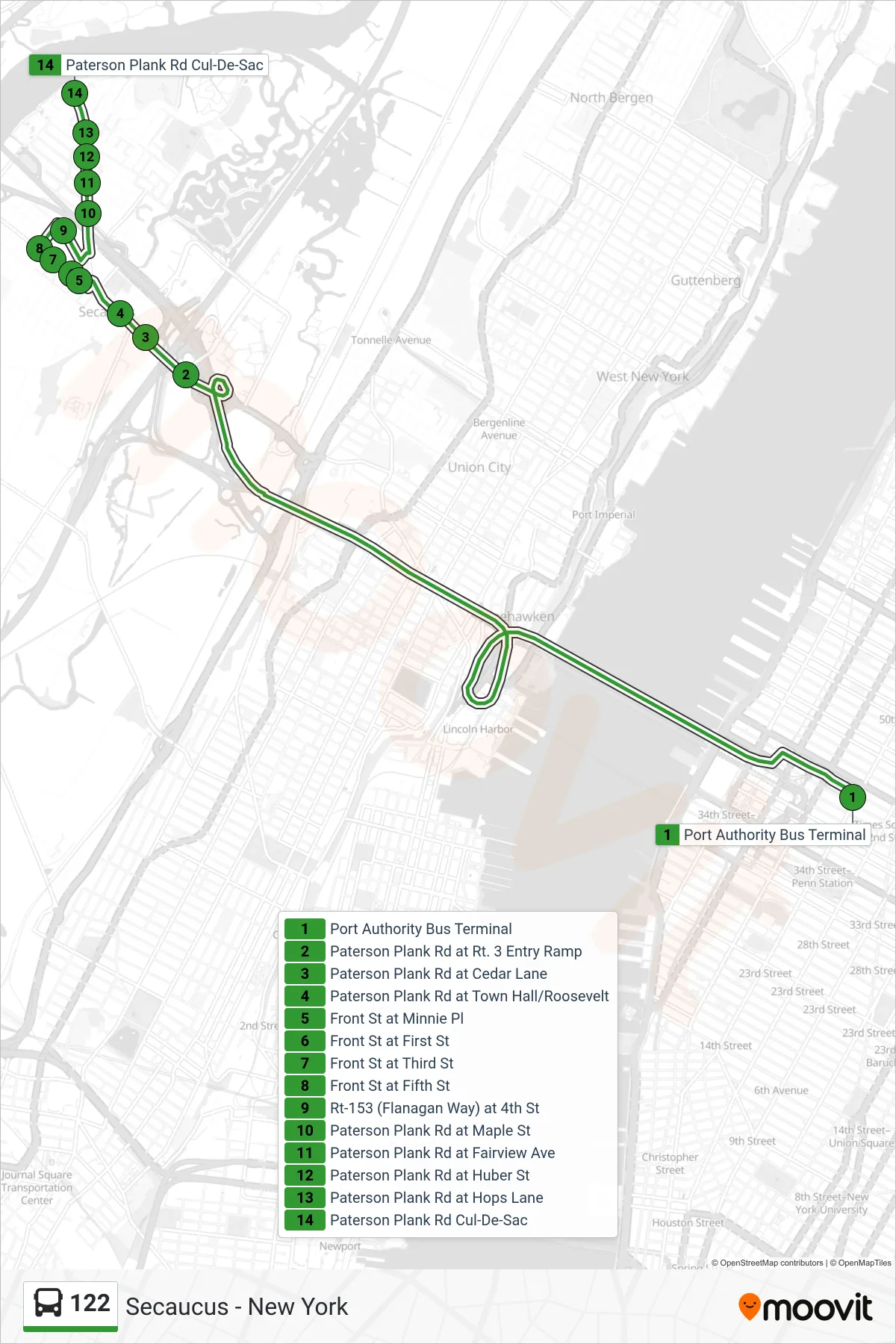 122 bus Line (Secaucus Cul-De-Sac) route and stops on a map