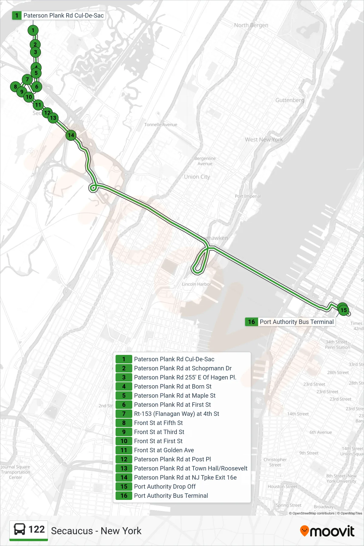 122 bus Line (New York) route and stops on a map