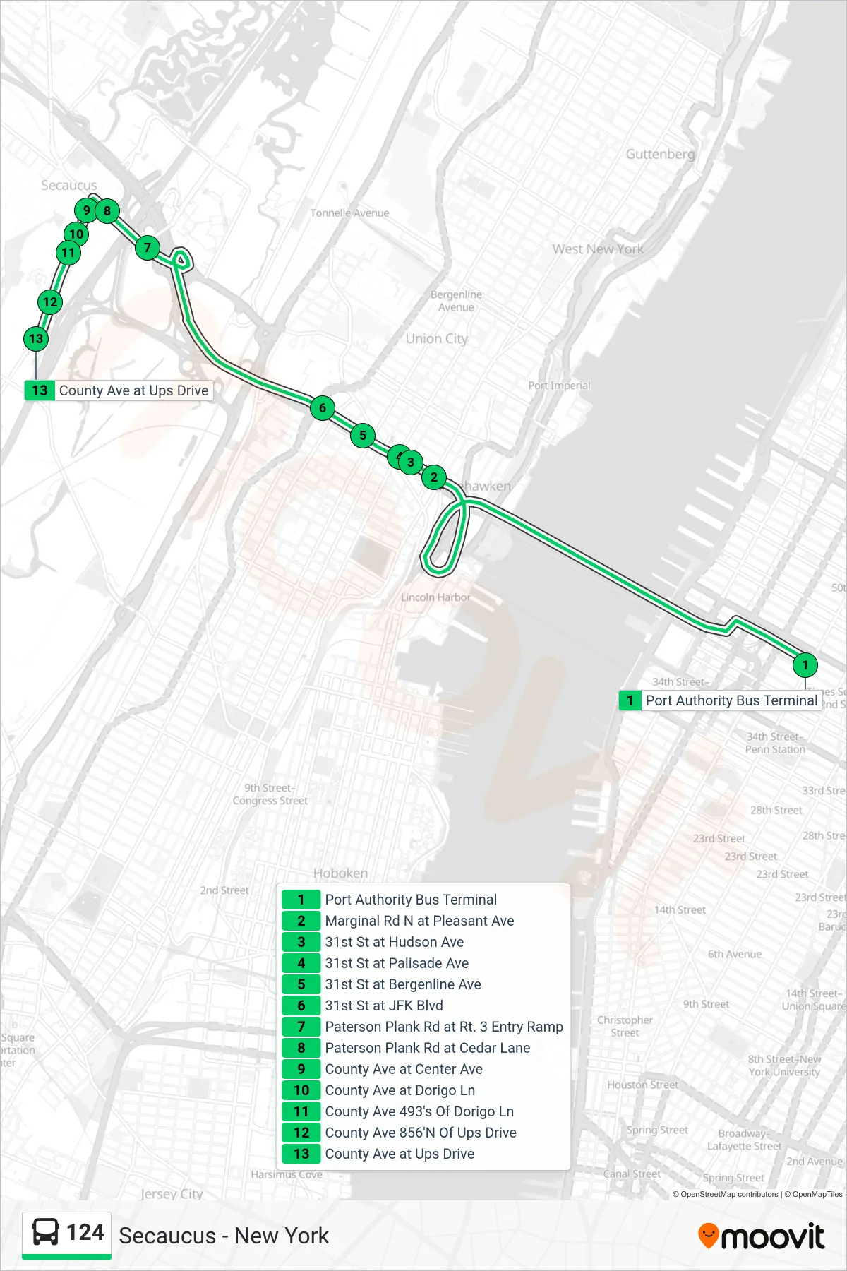 124 bus Line (Secaucus County Ave & Ups Dr) route and stops on a map