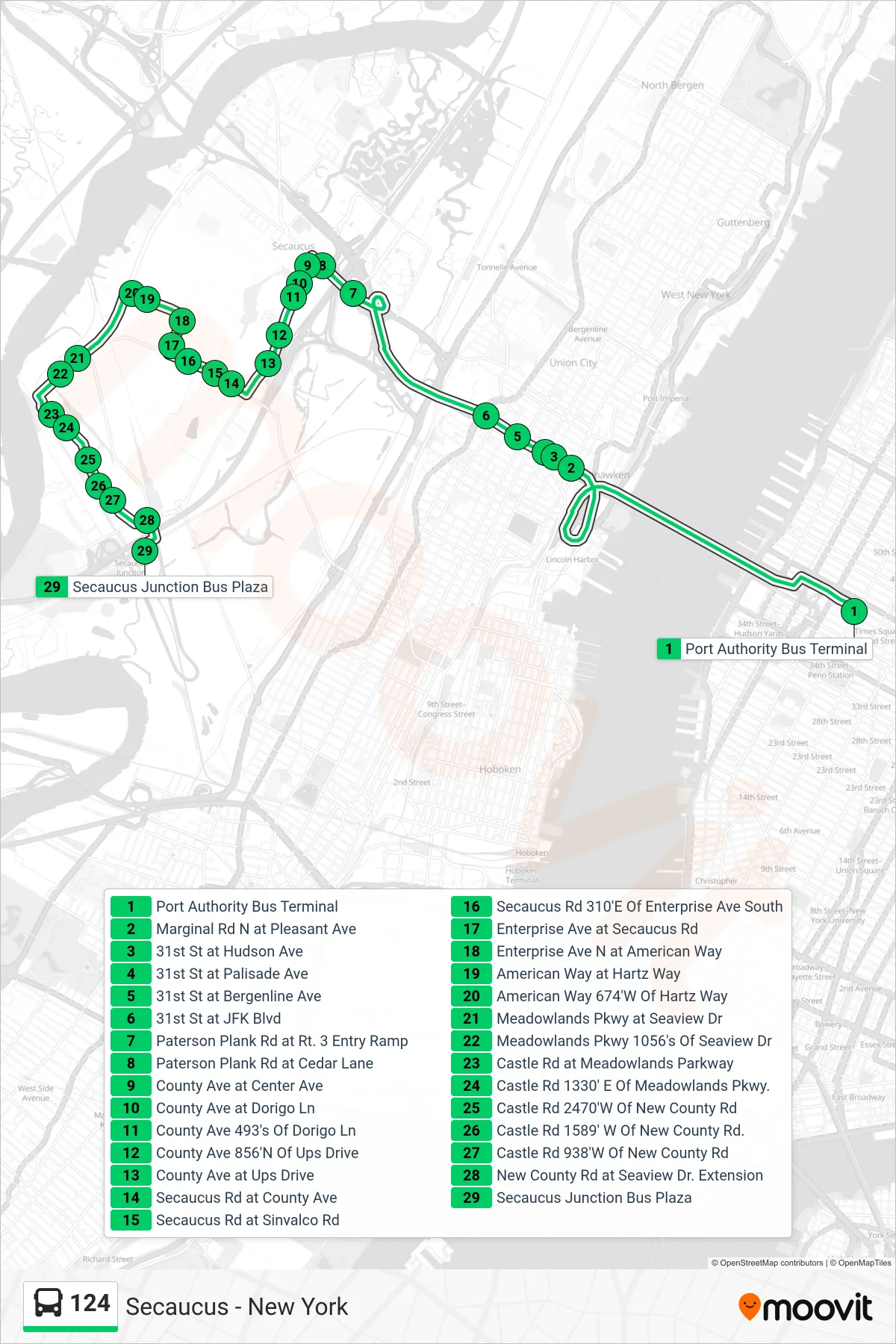 124 bus Line (Secaucus Junction County Ave & Castle Rd) route and stops on a map