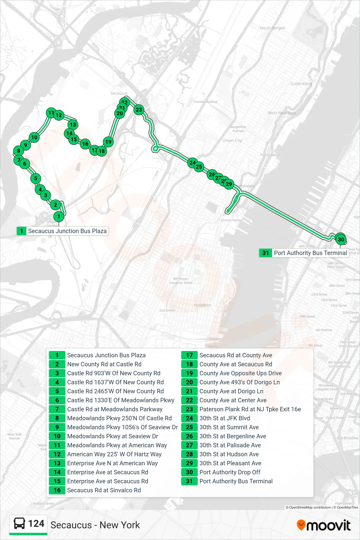 124 bus Line (New York Via Union City) route and stops on a map