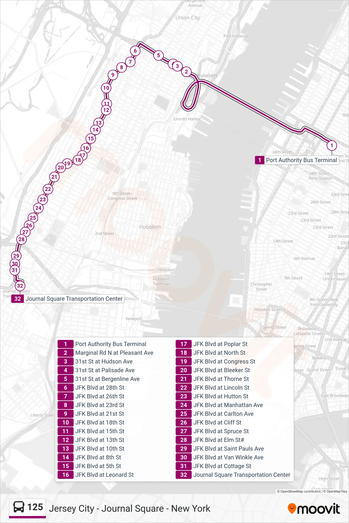 125 bus Line (Jersey City  Journal Square) route and stops on a map