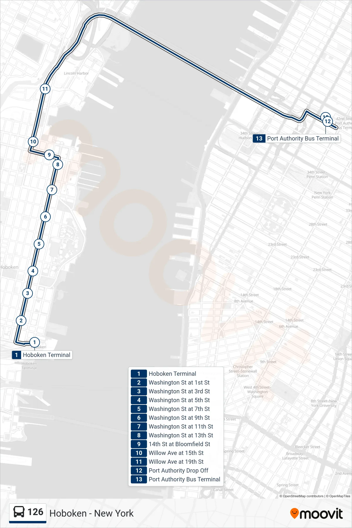 126 bus Line (New York) route and stops on a map