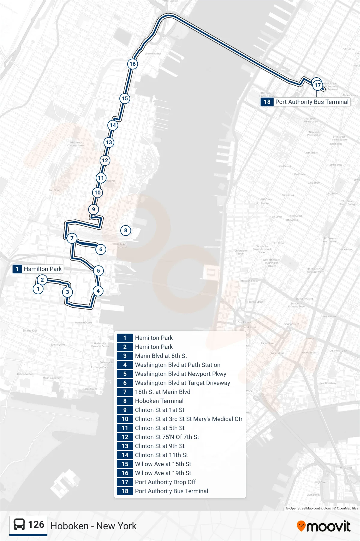 126 bus Line (New York Via Clinton) route and stops on a map