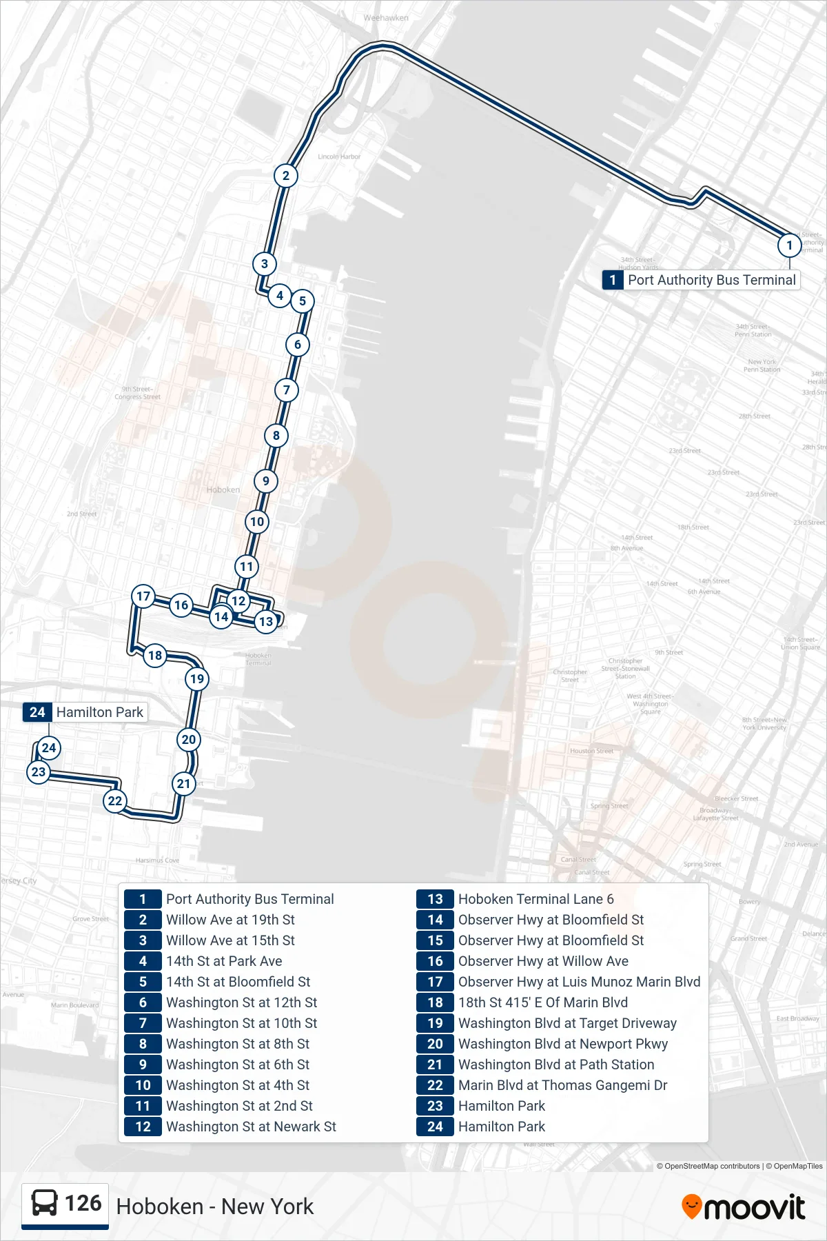 126 bus Line (Hamilton Pk Via Hoboken) route and stops on a map